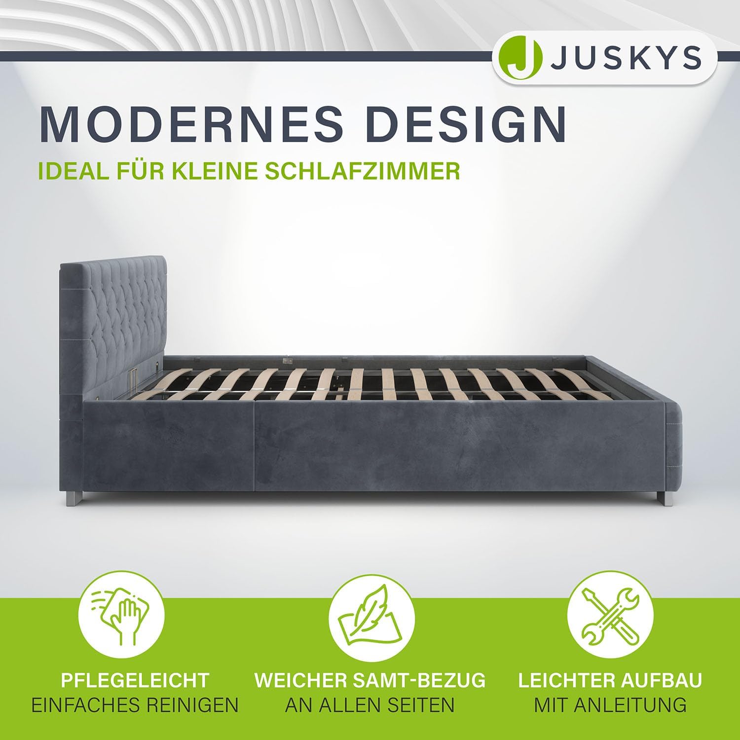 Juskys Polsterbett Nizza 120x200 cm Samt mit Stauraum, LED Beleuchtung & Lattenrost - Chesterfield Steppung & Kopfteil - Bett Bettgestell - Grau
