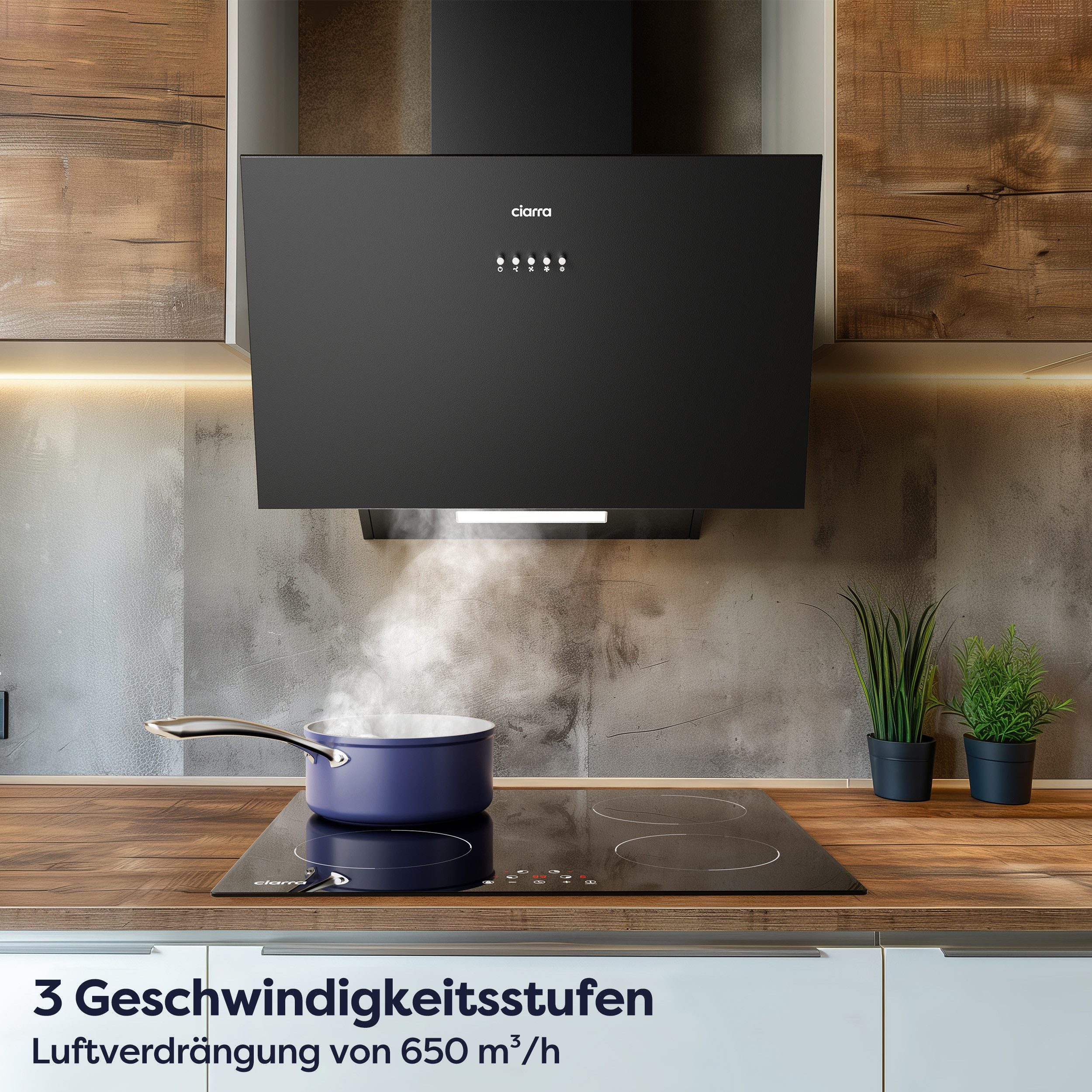Kopffreihaube 60cm A+++ 650m³/h Schräghaube Umluft & Abluft leise 63 dB VM6762AB