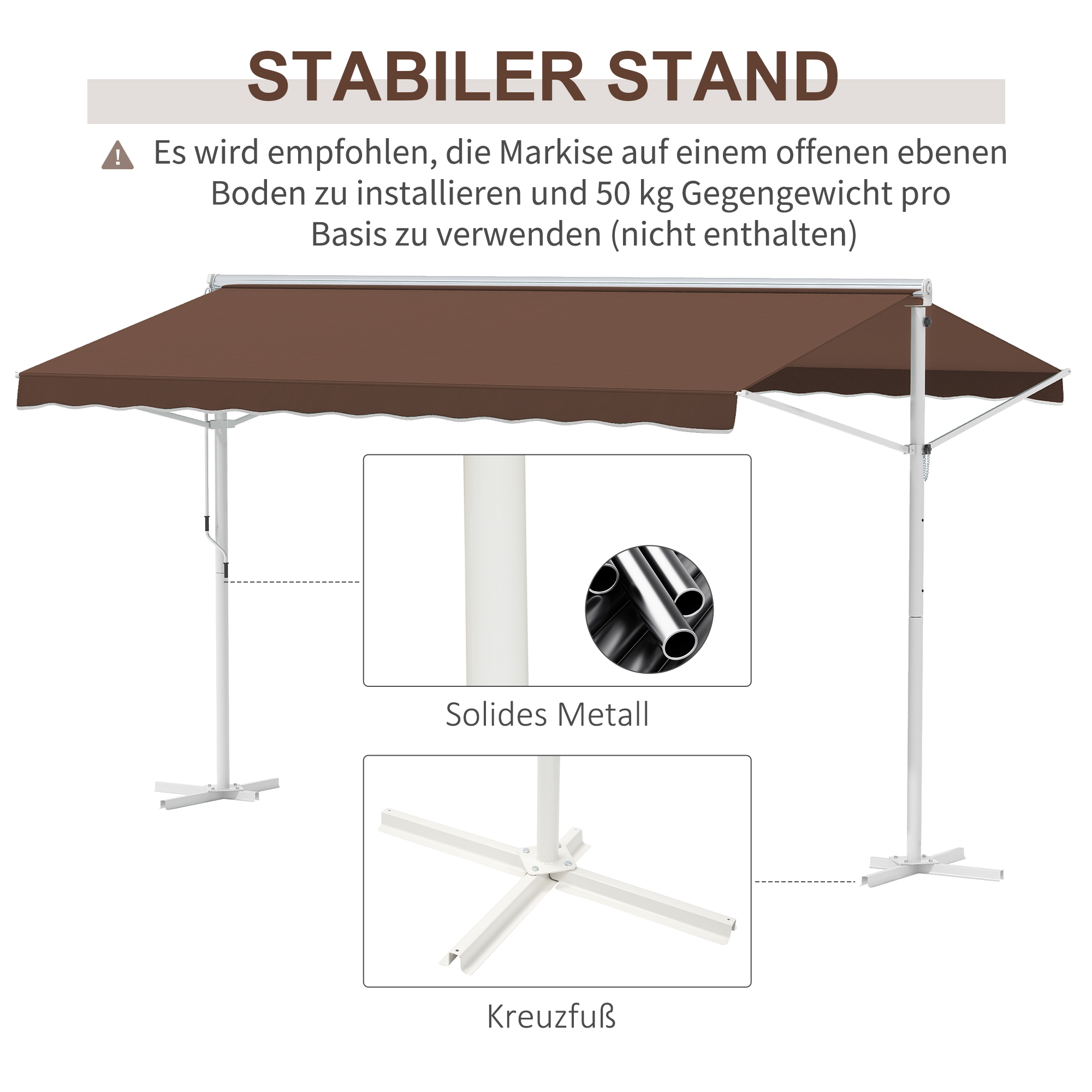Verstelbare vrijstaande zonnescherm, handmatig bedienbaar, metalen frame, weerbestendig, 4x3m, Cr��me