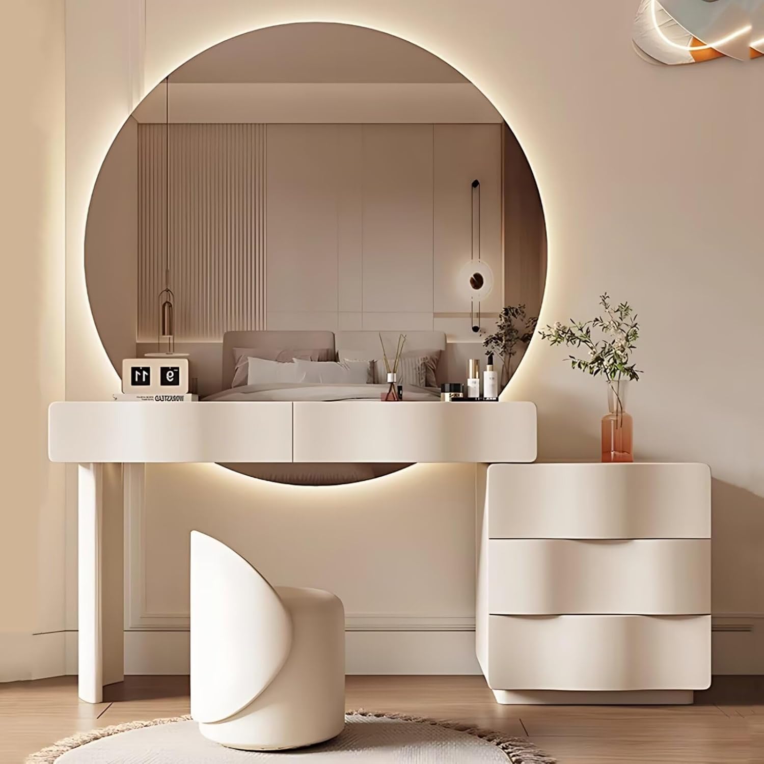 Vanity - Mobile da trucco moderno con specchio a LED, in legno massello, include sgabello per il trucco e 5 cassetti, elegante bianco 90 cm, per decorazione camera da letto