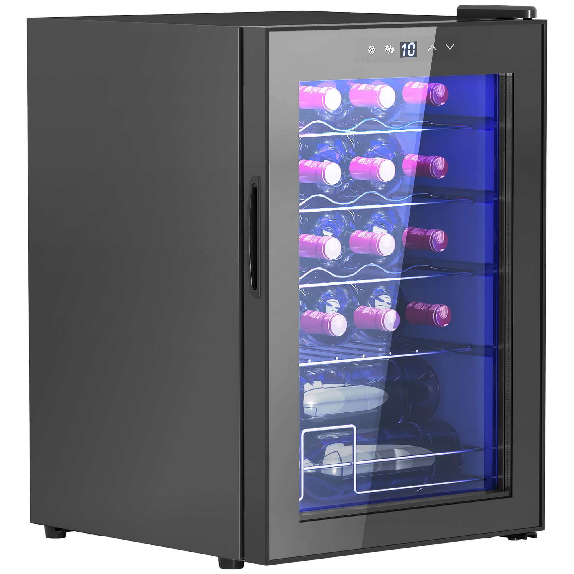 HOMCOM Kleiner Weinkühlschrank, Mini-Kühlschrank für 20 Flaschen, 53 Liter Kapazität, mit Glastür, LED-Beleuchtung, Schwarz