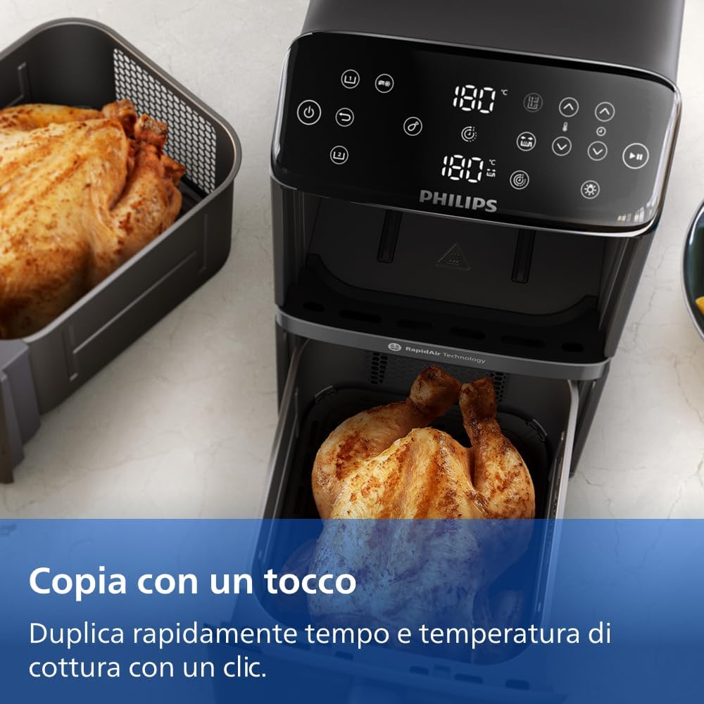 Philips Airfryer Serie 4000, Friggitrice ad Aria Doppio cestello Verticale da 10L, Tecnologia RapidAir, Funzione Sync, Rivestimento in ceramica no PFAS, Finestre, 45% più piccola (NA460/00)