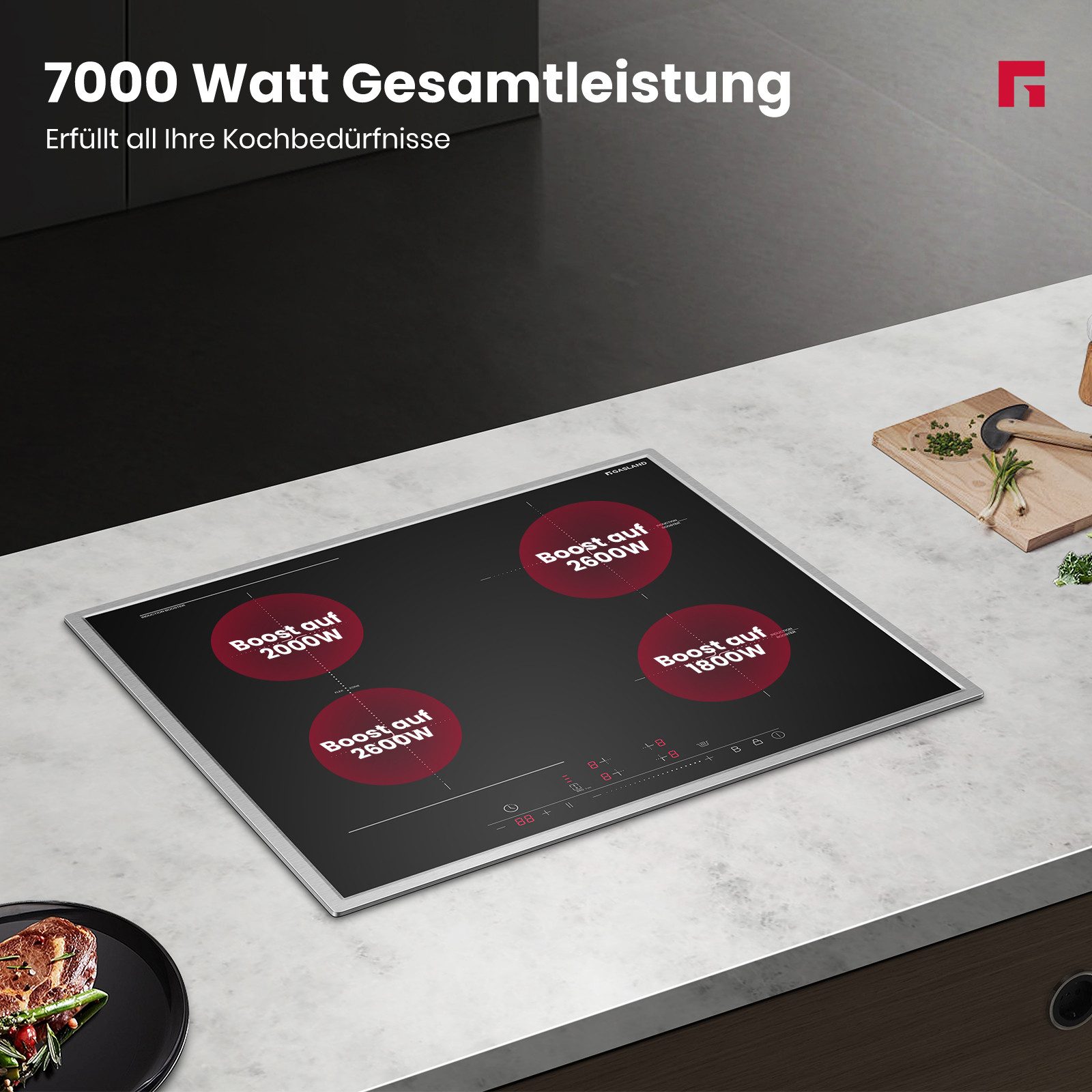 Induktions-Kochfeld 4 Zonen Einbau Induktionskochfelder mit Edelstahlrahmen, FlexInduction