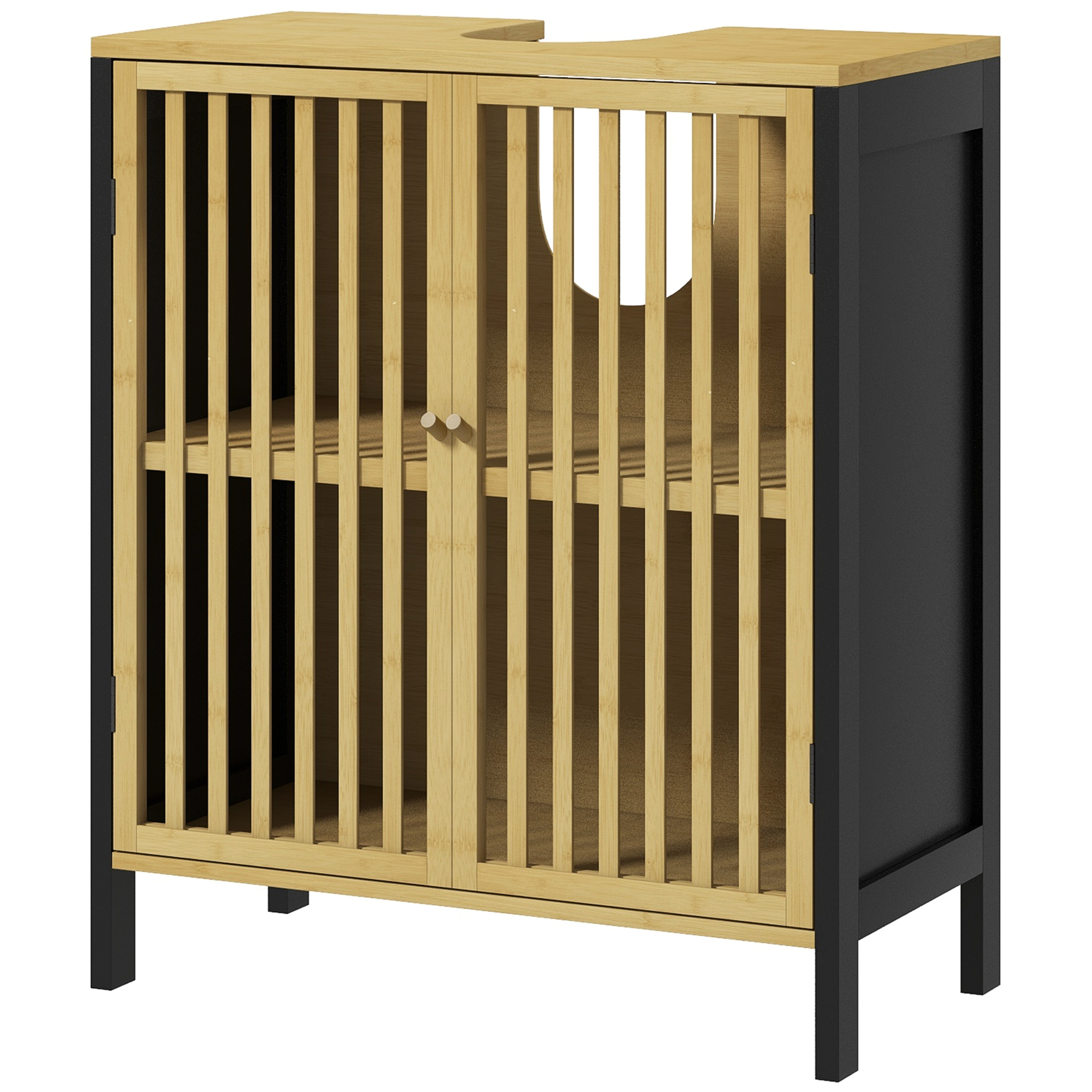 HOMCOM Waschbeckenunterschrank 2 Türen mit höhenverstellbarem Regal Aufbewahrungsschrank für Waschbecken 60 x 30 x 70 cm MDF und Bambus