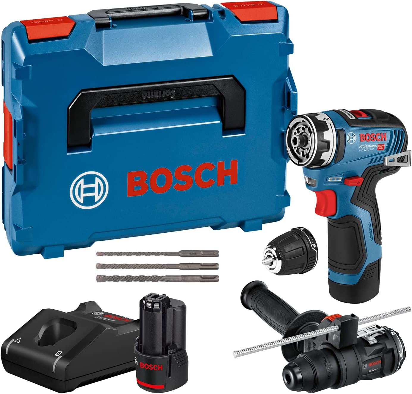 Bosch Professional 12V System Akku-Bohrschrauber GSR 12V-35 FC - FlexiClick System (inkl. 2x 3.0Ah Akku, Schnellladegerät GAL 12V-40, 2x FlexiClick Aufsätze, Zubehör-Set, L-BOXX) - Amazon Exclusive
