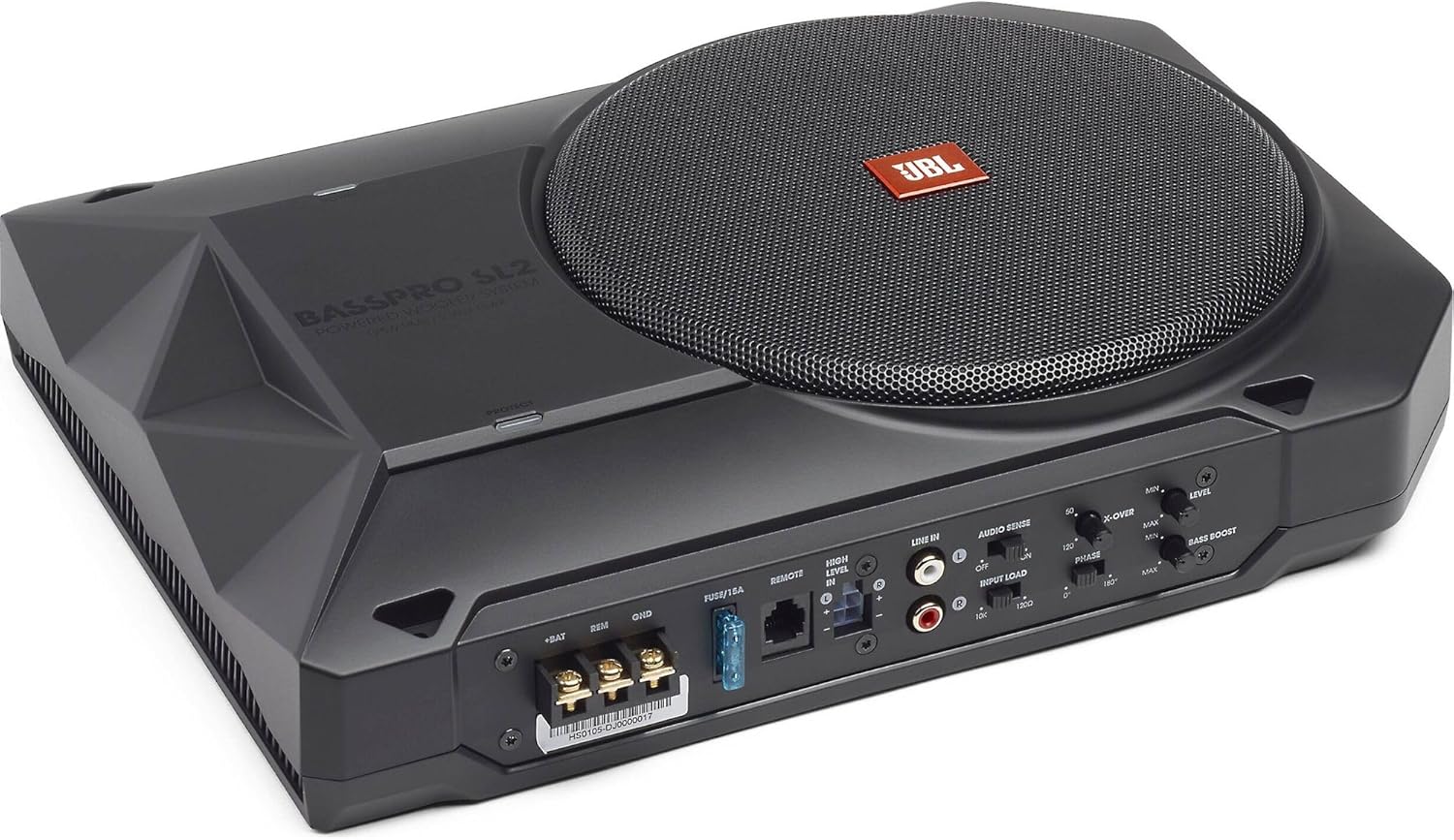 JBL BassPro SL2 Aktiv Subwoofer Auto Set - Car hifi Untersitz Bassbox Gehäuse mit Bassreflex Woofer box groß 200mm und 125 Watt aktiver Verstärker, Schwarz, 44