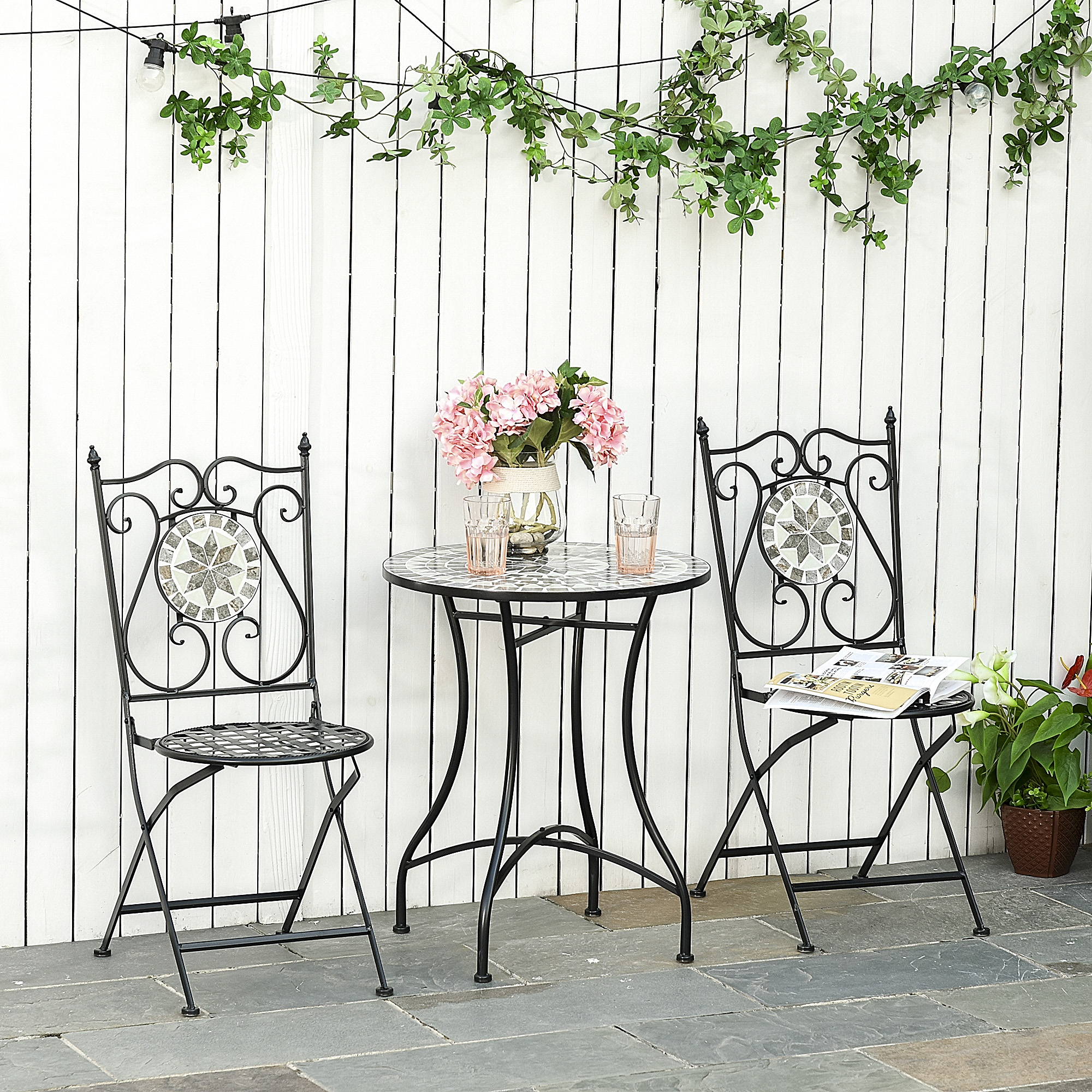 Outsunny Garten Sitzgruppe für 2 Personen Balkonmöbel Set Mosaiktisch+faltbare Stühle Metall Keramikfliese Mehrfarbig