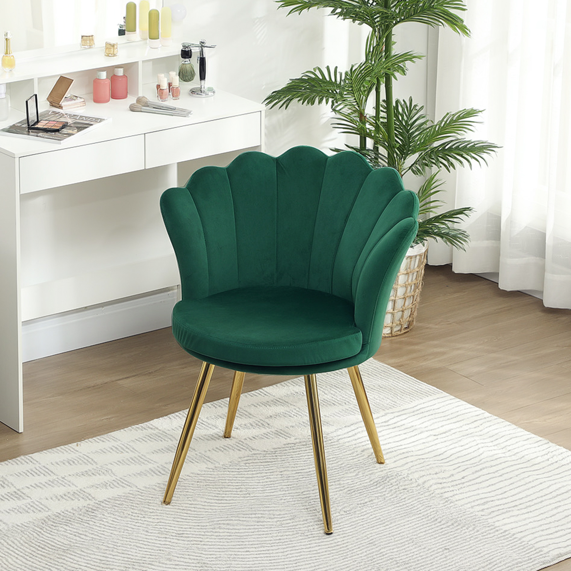 HOMCOM Muschelstuhl Frisierstuhl Samtstuhl Salonstuhl mit goldenen Metallbeinen Grün