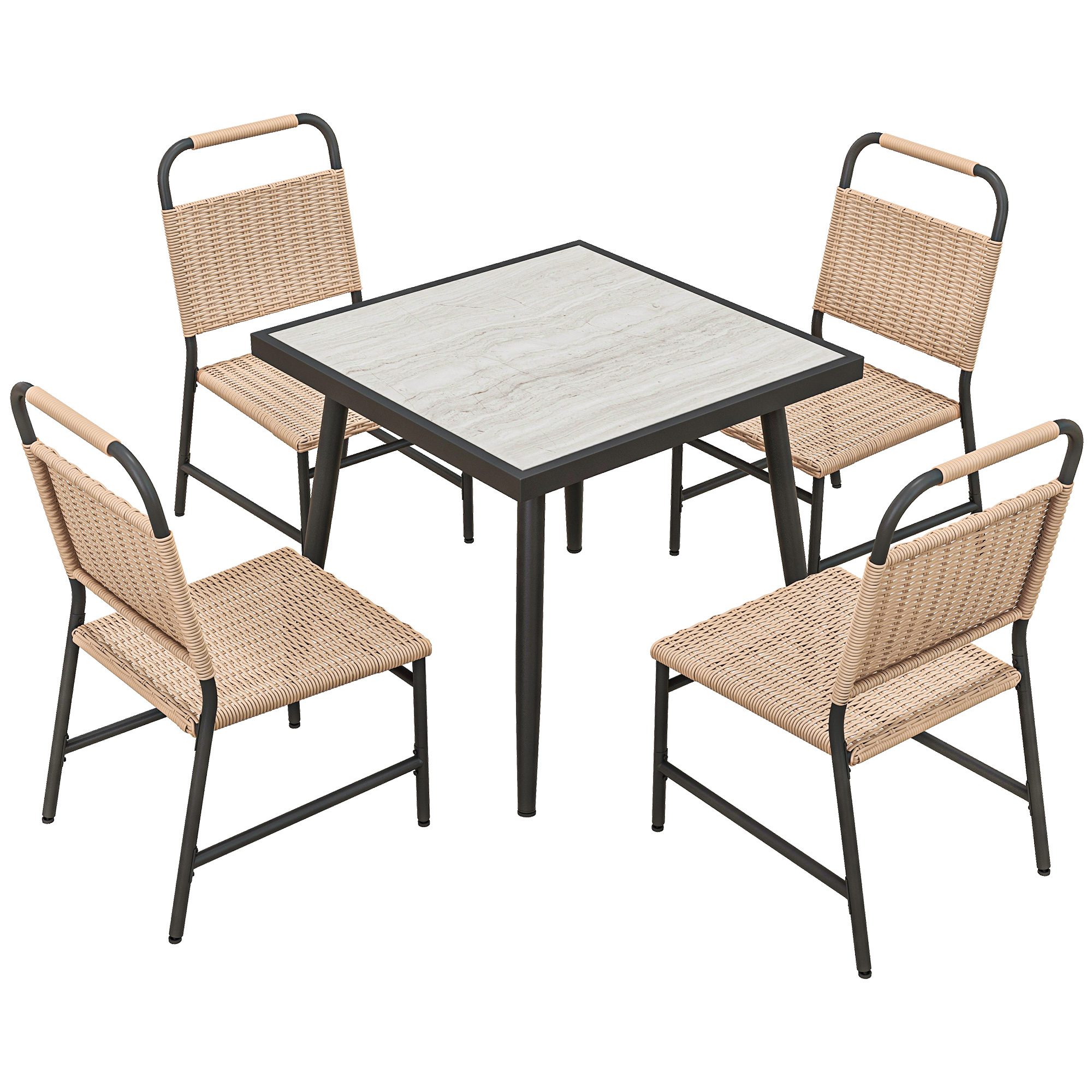 Outsunny Gartentisch, quadratisch und 4 Gartenstühle, 5-teilig, gehärtete Glasplatte, Kunststoffrattan