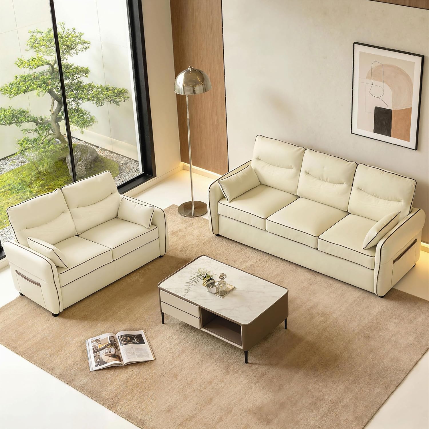HOMCOM Divano 3 Posti Imbottito in Pelle Finta con Bordo a Contrasto, Divanetto da Salotto con Imbottitura Spessa, 2 Cuscini Rimovibile e Lavabile, Braccioli e Tasche Laterali, 190x83x90 cm, Beige