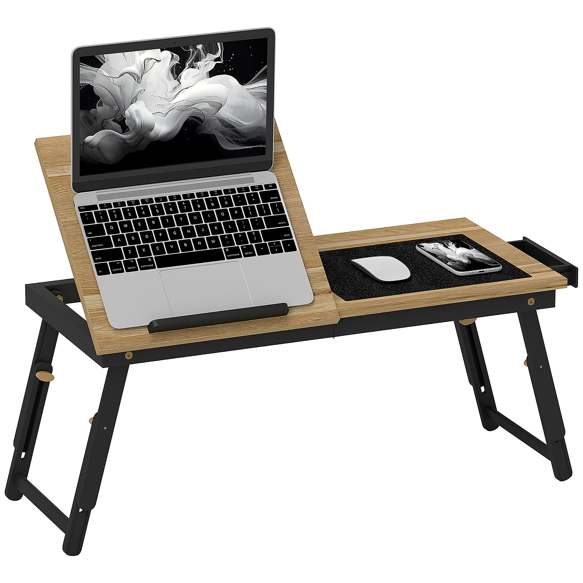 HOMCOM Laptoptisch, höhenverstellbar und klappbar, Laptoptisch aus Bambus - neigbare Tischplatte, Schublade, Eiche