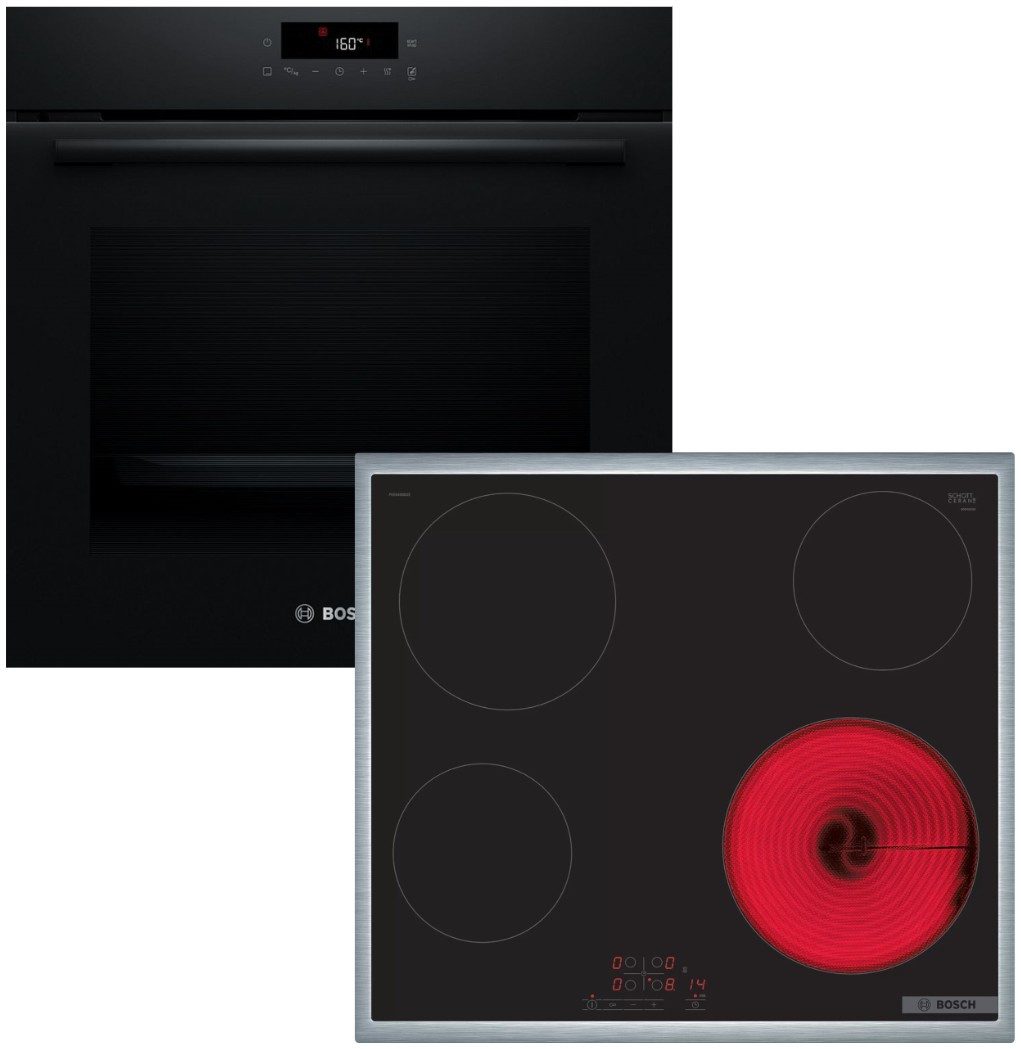 Backofen-Set Pyrolyse 3D Heissluft Schwarz Edelstahl-Rahmen Glaskeramikkochfeld