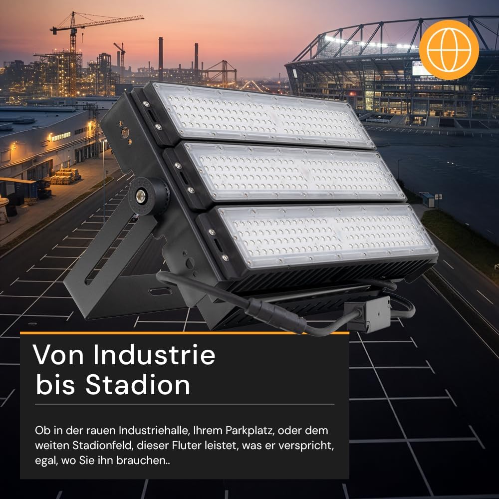 4x LED Außenstrahler 300W 5000K Neutralweiß 39000lm, IP66 Wasserdicht, IK10 Flutlicht Strahler für Stadionbeleuchtung Baustelle Sportplatz, robuste Industrieleuchte für außen