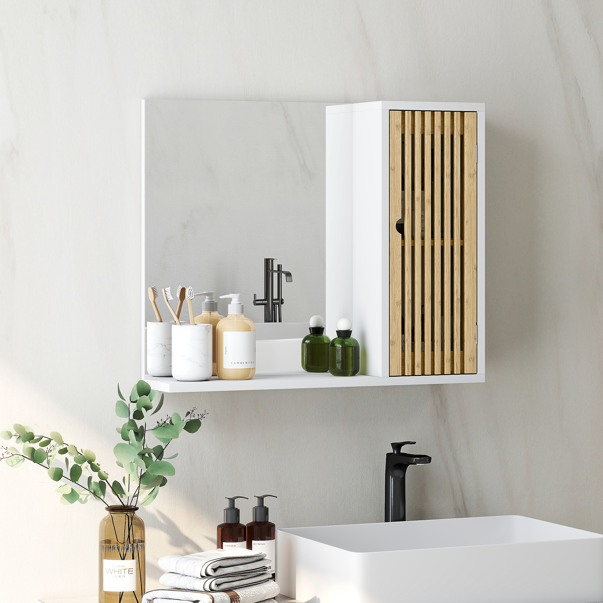 HOMCOM Badezimmerschrank mit Spiegel, Regal, Tür mit Bambuslatten und verstellbarem Regal, weiß