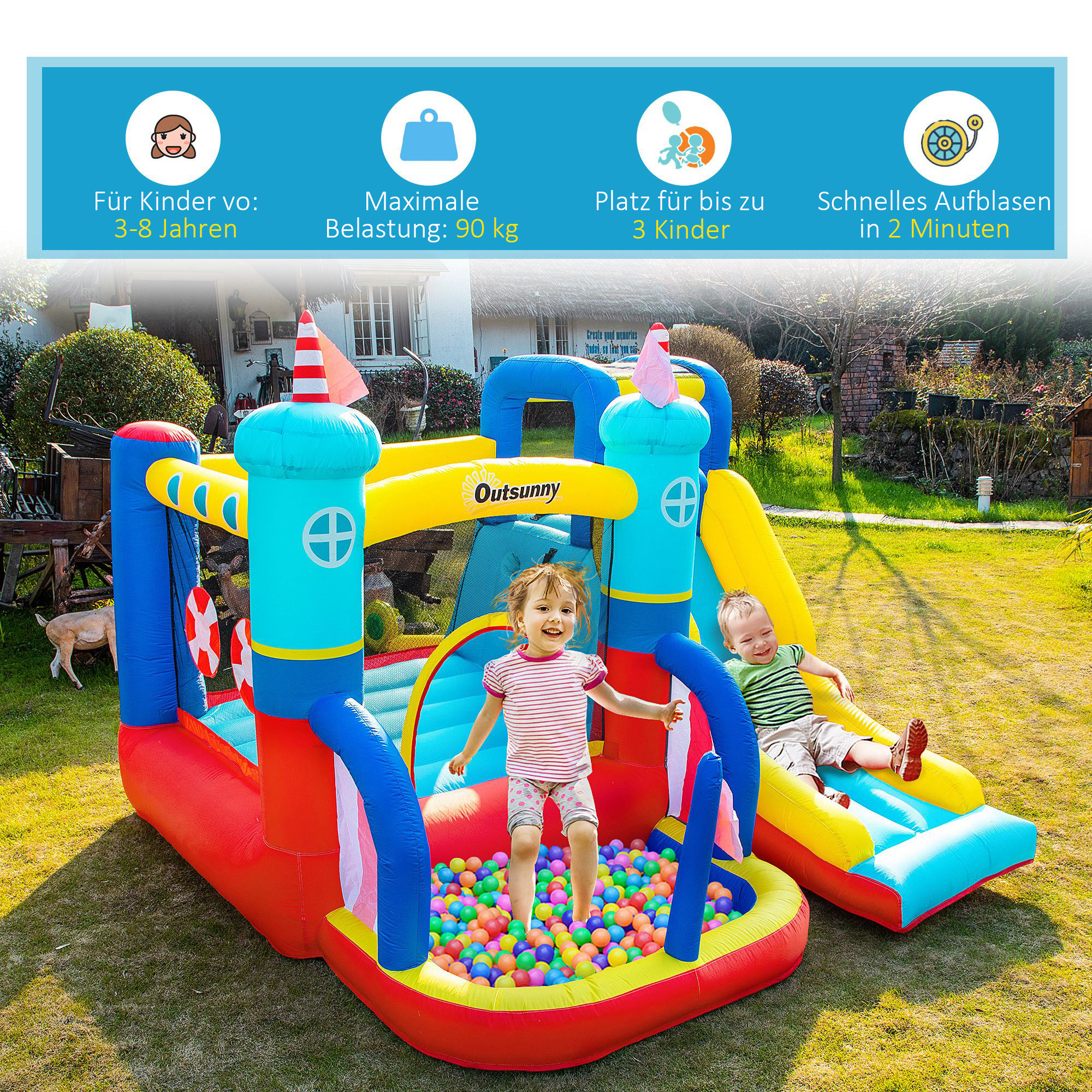 Outsunny springkasteel met blazer 265 cm x 260 cm x 200 cm