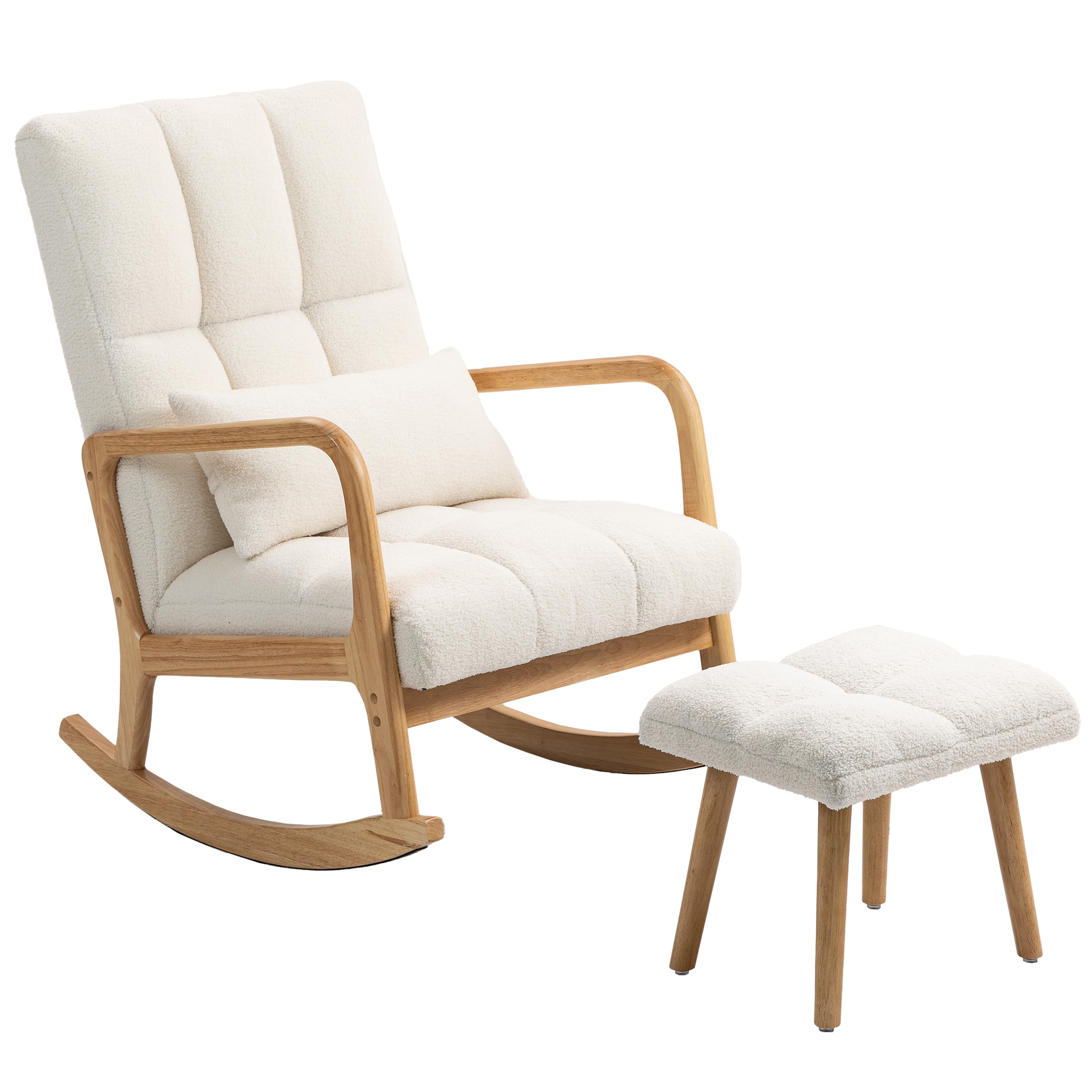 Schommelstoel met Voetensteun, Fleece-Bekleding, Hoge Rugleuning, Houten Poten, Voetpads, Wit