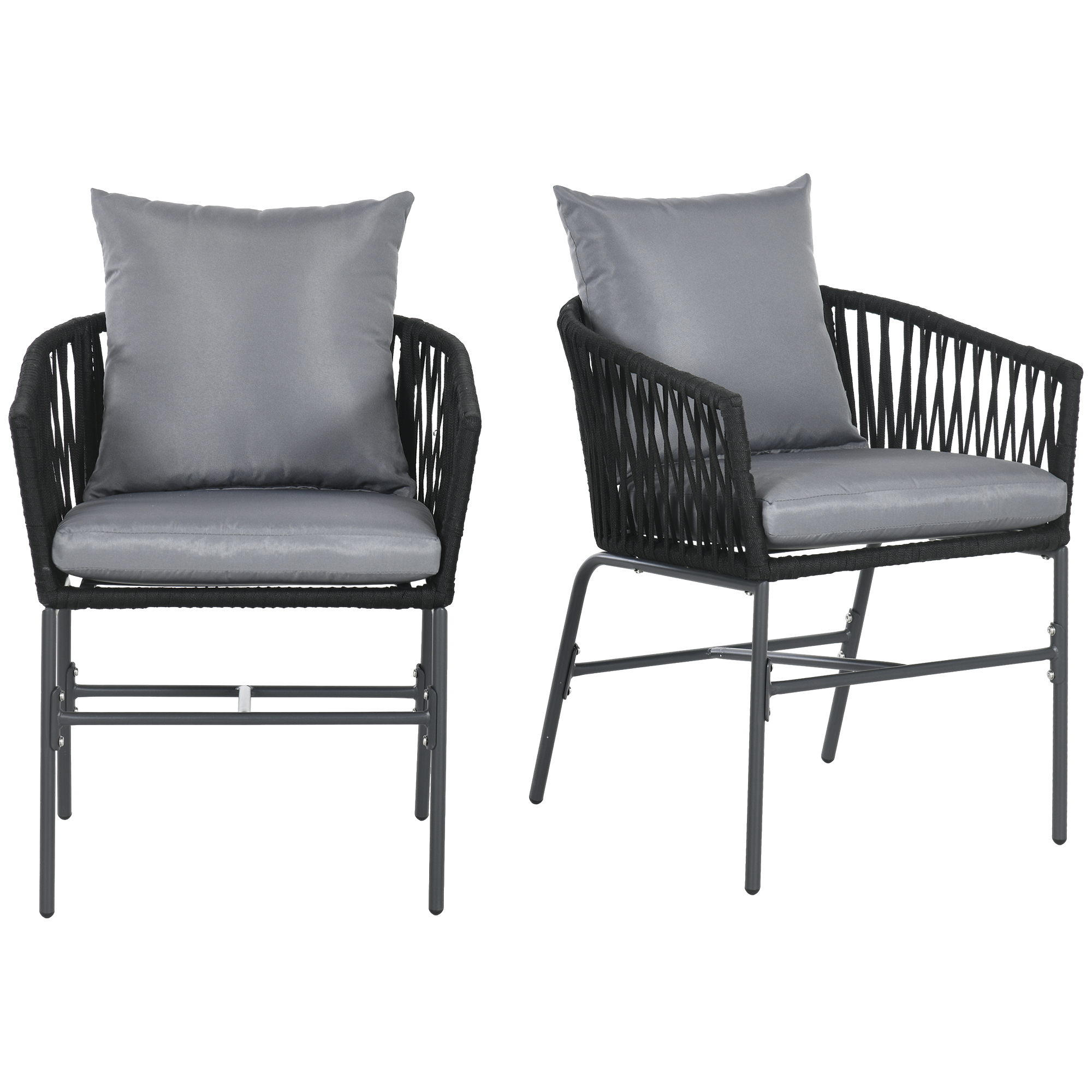 Outsunny Outdoor Stühle, 2-er Set, Boho-Design, Sitz- und Rückenkissen, bequeme Sitzschale, Metallrahmen, Schwarz