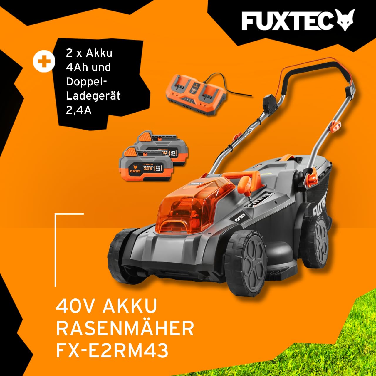 Akku-Rasenmäher FX-E2RM43SET 40 V 43 cm Schnittbreite 2x 4 Ah Akkus Doppelladegerät 25–75 mm Schnitthöhe 40 l Fangkorb Mulchfunktion