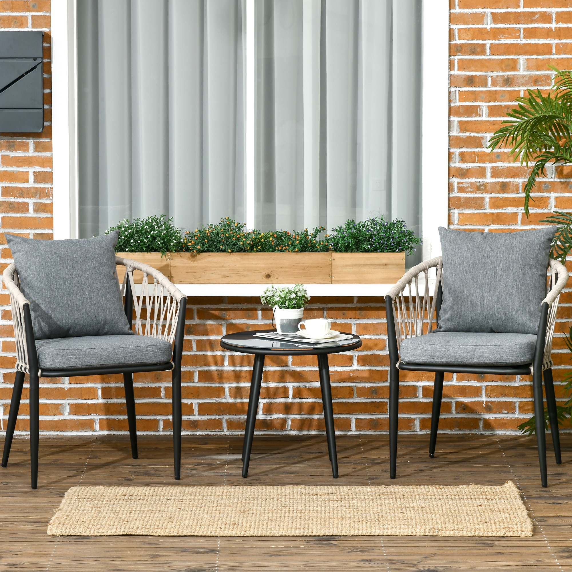 Outsunny Gartenmöbel Set für 2 Personen inkl. 1 Tisch, 2 Stühlen mit Sitzkissen, Balkon-Set, Stahl, Grau