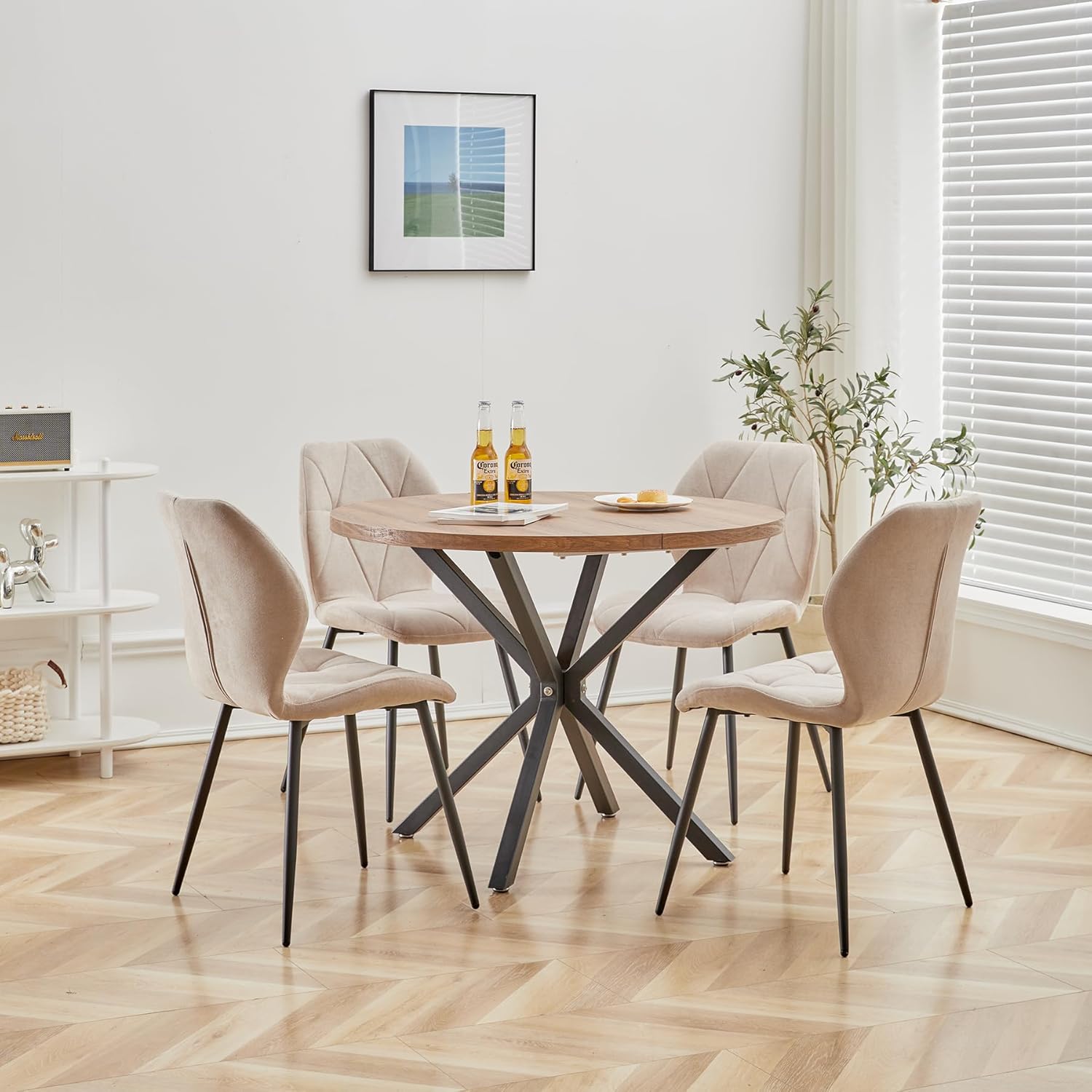 GrandCA HOME Set di 8 Sedie da Pranzo, Sedie da Pranzo Imbottite, Sedie da Cucina Nordiche con Gambe in Metallo, Cuscini in Tessuto a Rombi, Beige-R