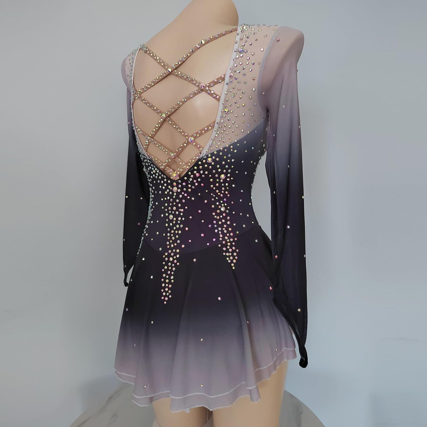 Eiskunstlauf Kleid Mädchen Kürkleid Langarm Mesh Glitzer Tanzkleid Gymnastik Bekleidung Ballettkleid mit Strass Lyrisch Tanzkleid Wettbewerb Tanzkostüm Damen Tanzkleid