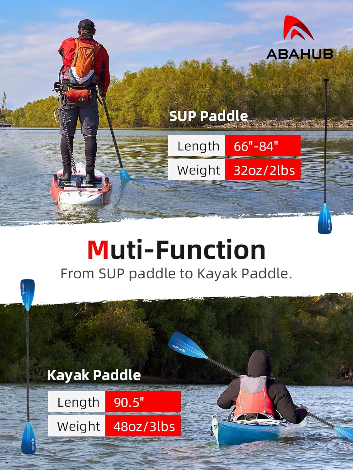 Abahub Pagaia SUP Alluminio Remi SUP Paddle Stand Up Paddle Telescopico 173-213 cm per Tavola da Surf Canoa SUP, Lama in Nylon di Plastica in Nero/Blu/Verde/Rosso/Arancione/Giallo