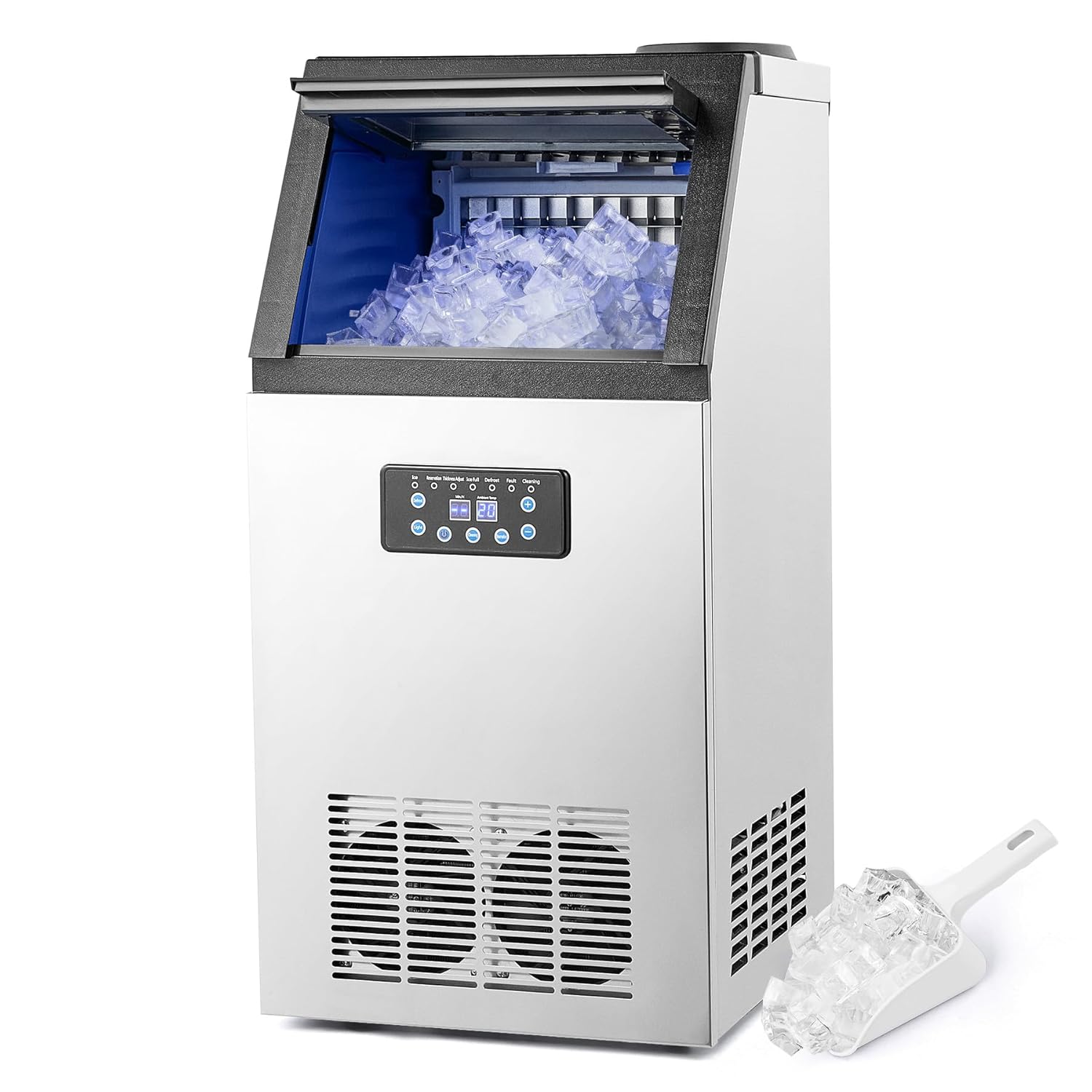 CREWORKS Macchina Ghiaccio Professionale 73kg/24h Fabbricatore Ghiaccio con Schermo LCD Macchina Ghiaccio Autopulente Commerciale in Acciaio Inossidabile per Casa Ufficio Ristorante Bar