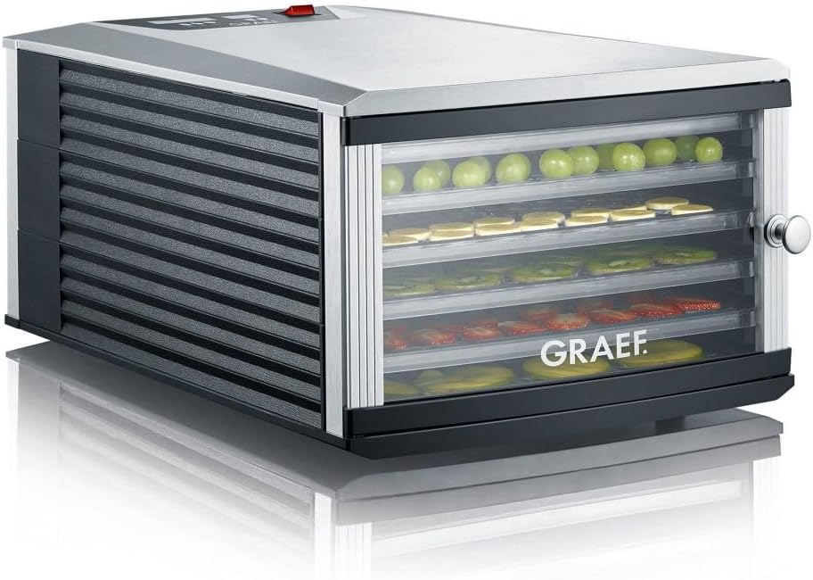 GRAEF Dörrautomat DA506 Silber, 40-Stunden-Timer, 30–70°C einstellbar, für Gemüse, 6 Einlegefächer, Dörrfläche: 0,65 m², Temperaturanzeige, Kräuter