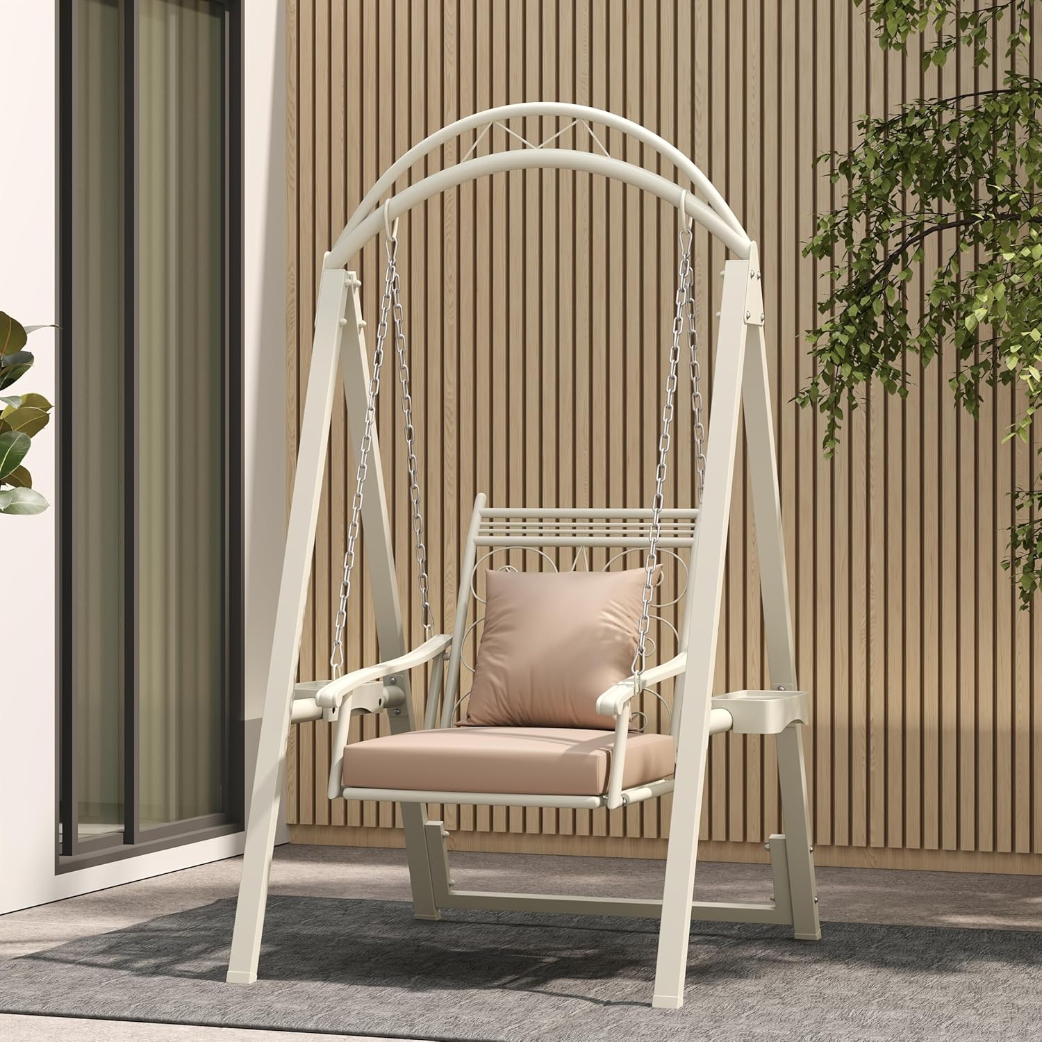 RELAX4LIFE Sedia a Dondolo Singola con Supporto, in Metallo con Cuscini Morbidi, Tavolini con Portabicchieri, Ganci e Catene, da Esterno/Interno, per Balcone Giardino (BIANCO)