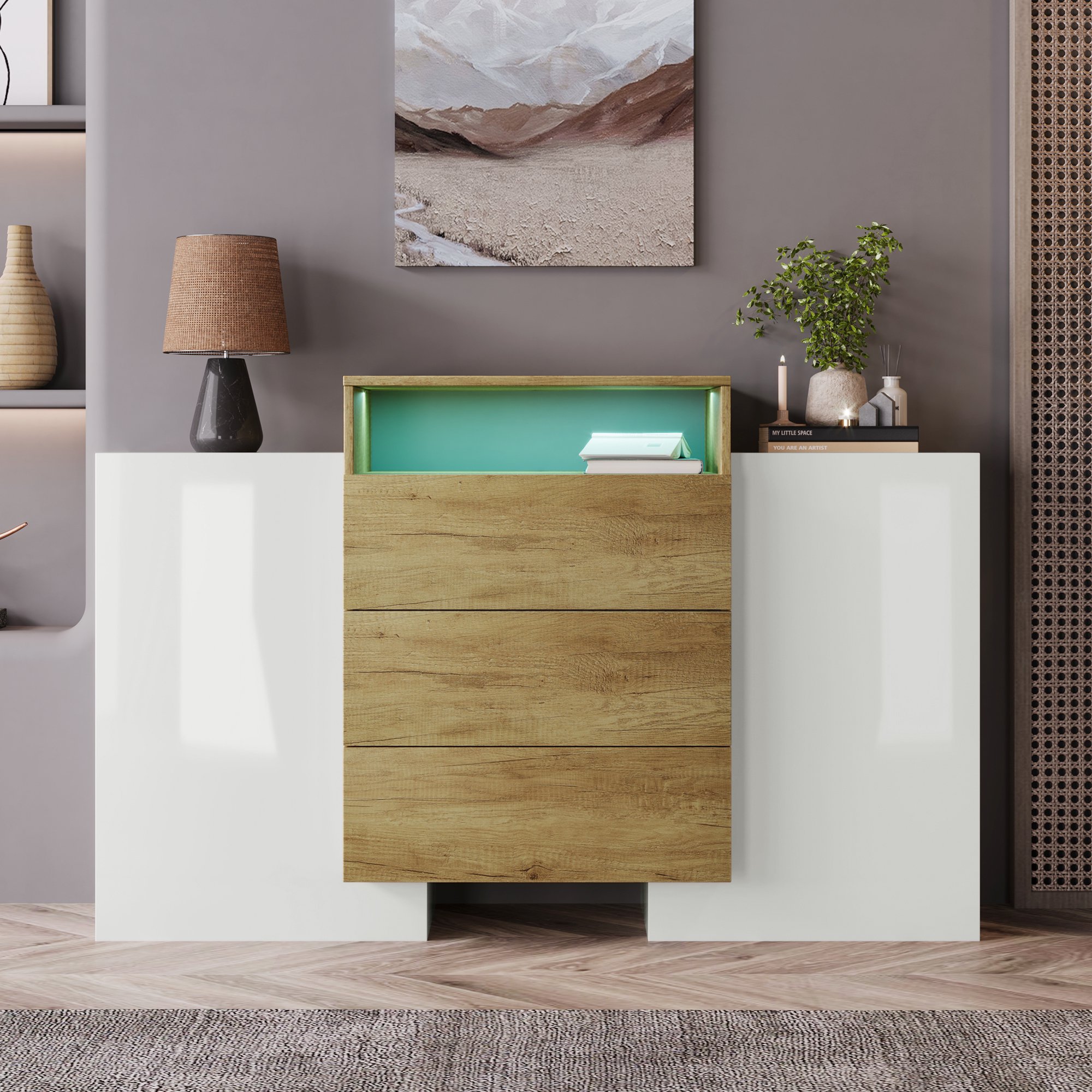Sideboard und mit LED-Beleuchtung, Modernes Design und Viel Stauraum, Weiß + Holzfarbe