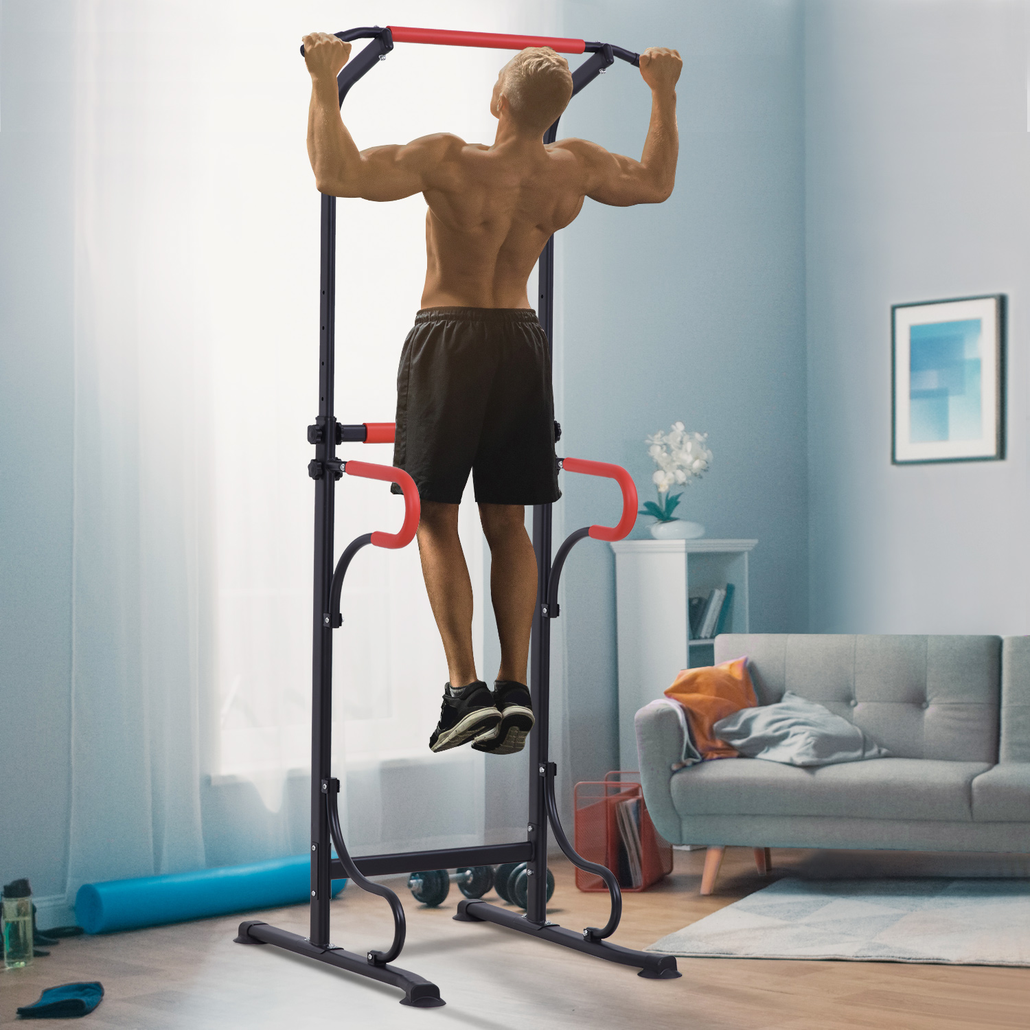 HOMCOM Fitnessstation mit Multifunktionen Klimmzugstange Römischer Stuhl verstellbare Höhe Stahl Schwarz Rot