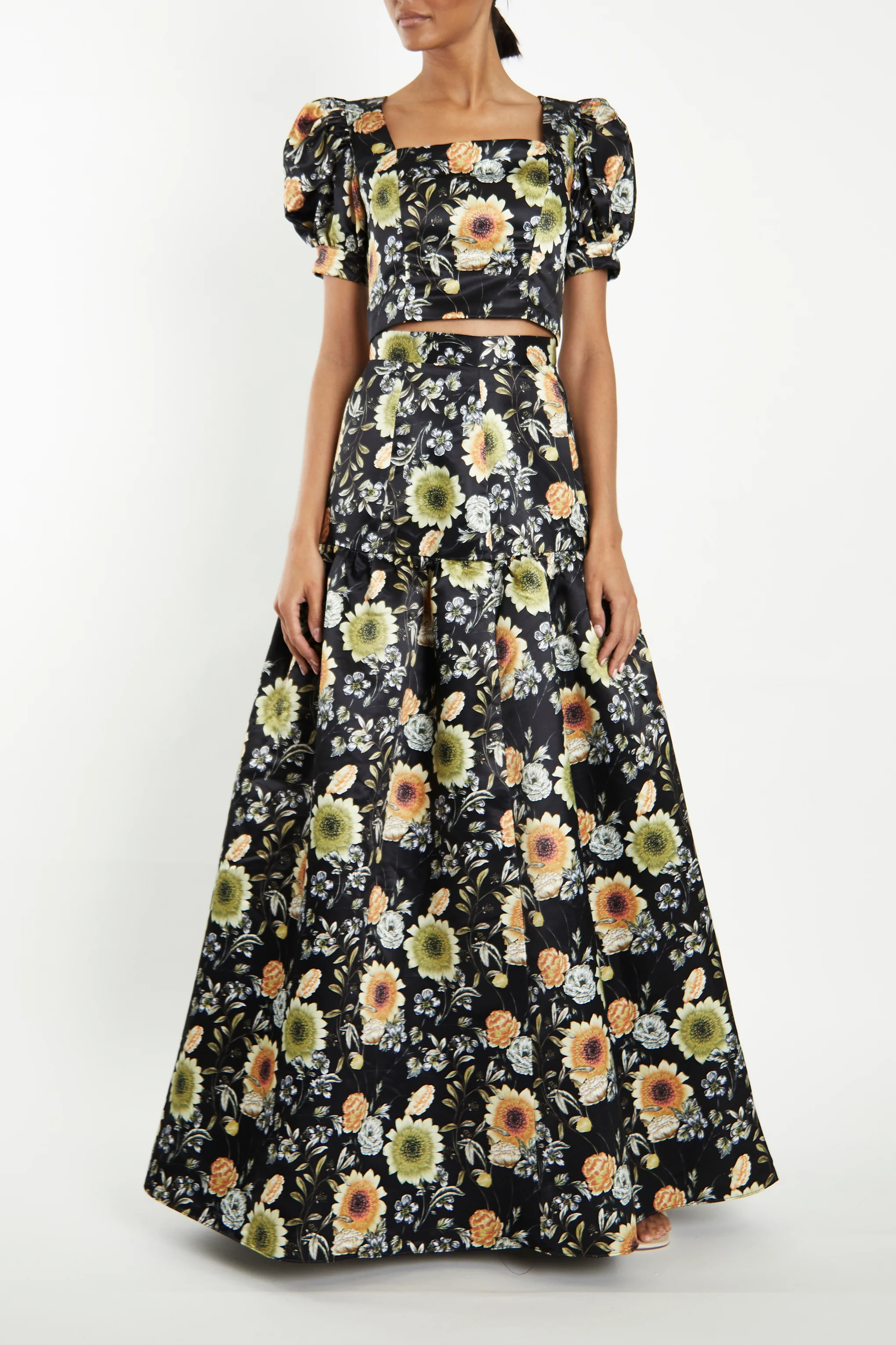 Polly Co-Ord Black-Mustard-Flower Puff-Sleeve Tie-Back Crop-Top
