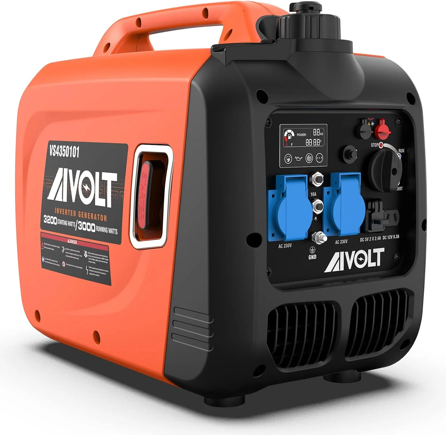 AIVOLT Inverter Stromerzeuger 3200 Watt Stromgenerator Notstromaggregat Benzin leise Stromaggregat für Campen, Festivals, Schwarz-orange2