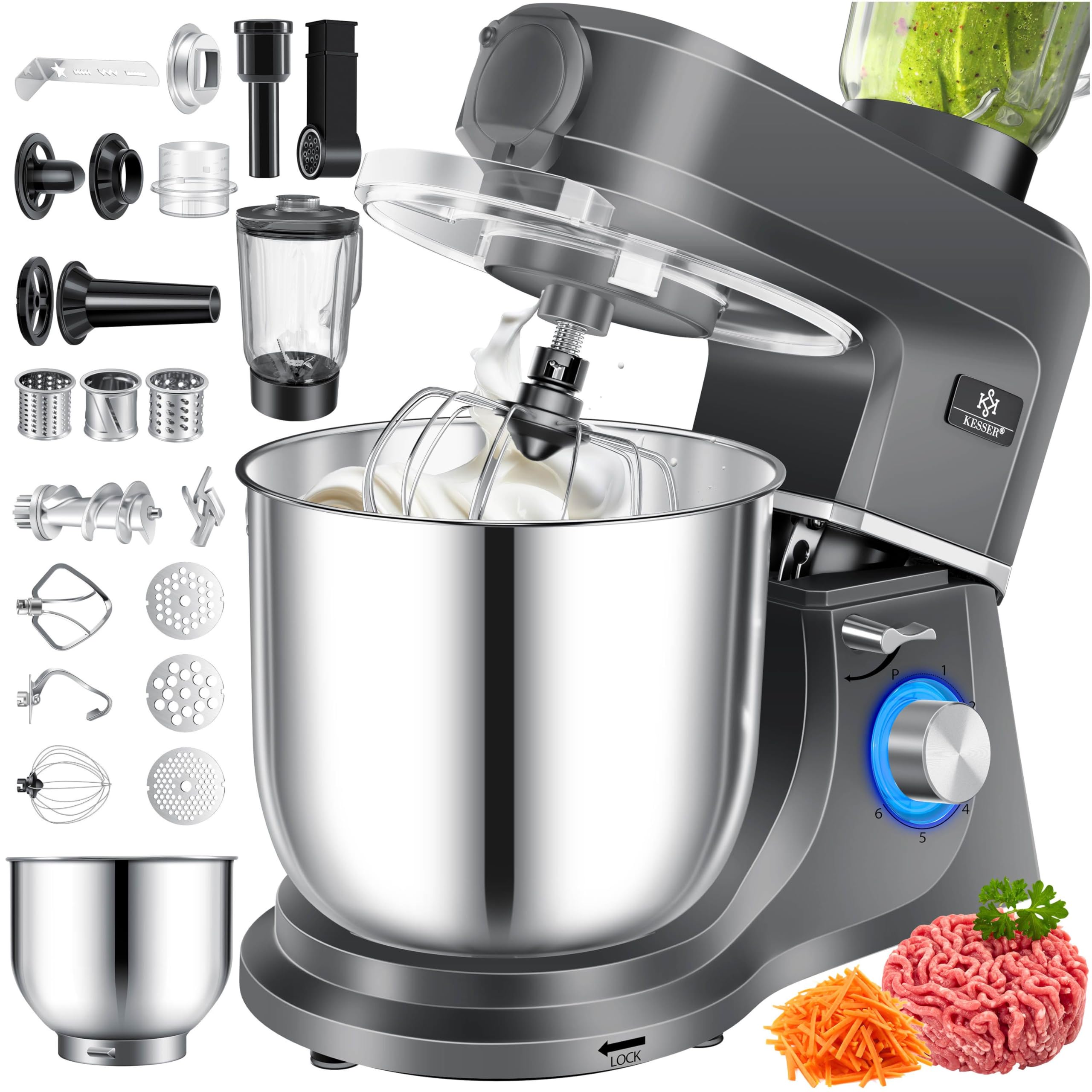 KESSER Küchenmaschine 3in1 mit Fleischwolf und Mixer 1500W 5,5L Spritzschutz 6 Geschwindigkeiten Anthrazit