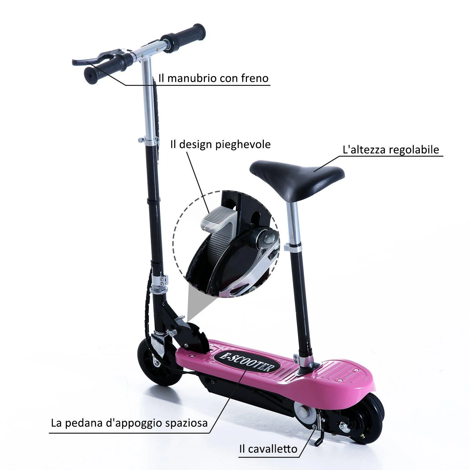 Monopattino Elettrico per Bambini 120W Pieghevole con Sella Rosa e Nero