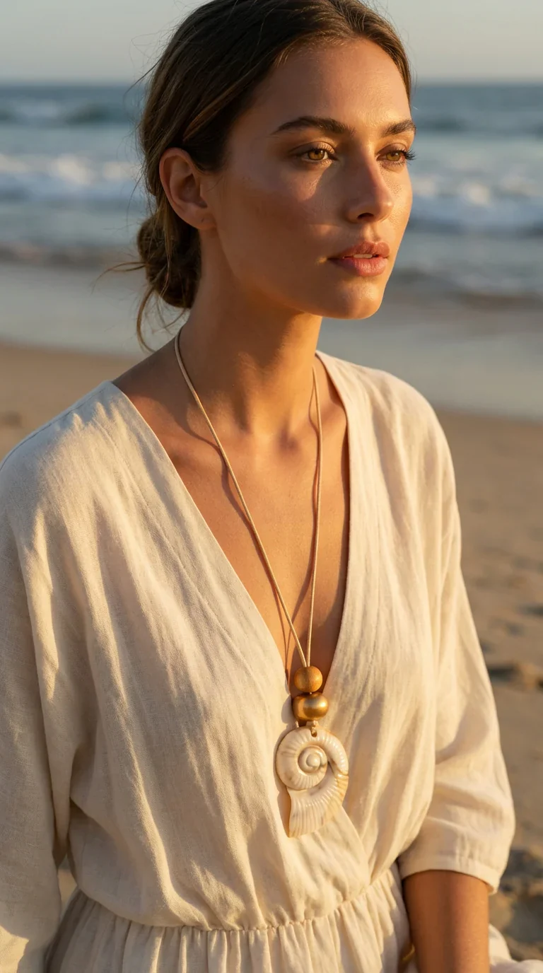Envy Long Beige Cord Necklace with Large Resin Fossil Pendant