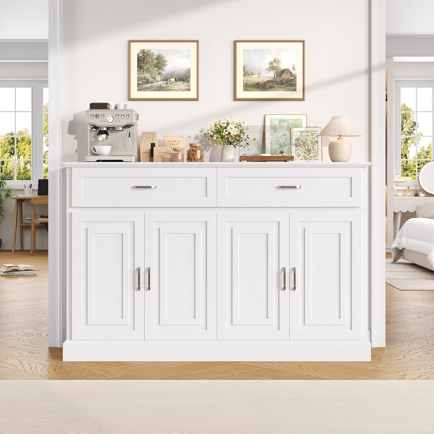 FirFurd 140CM Credenza Cucina,Mobile Cucina con 2 Cassetti e 4 Ante, Madia Soggiorno Moderna con Ripiani Regolabili e Rimovibile, per Cucina, Sala da Pranzo, Soggiorno, 140x39.5x92.2cm Bianco