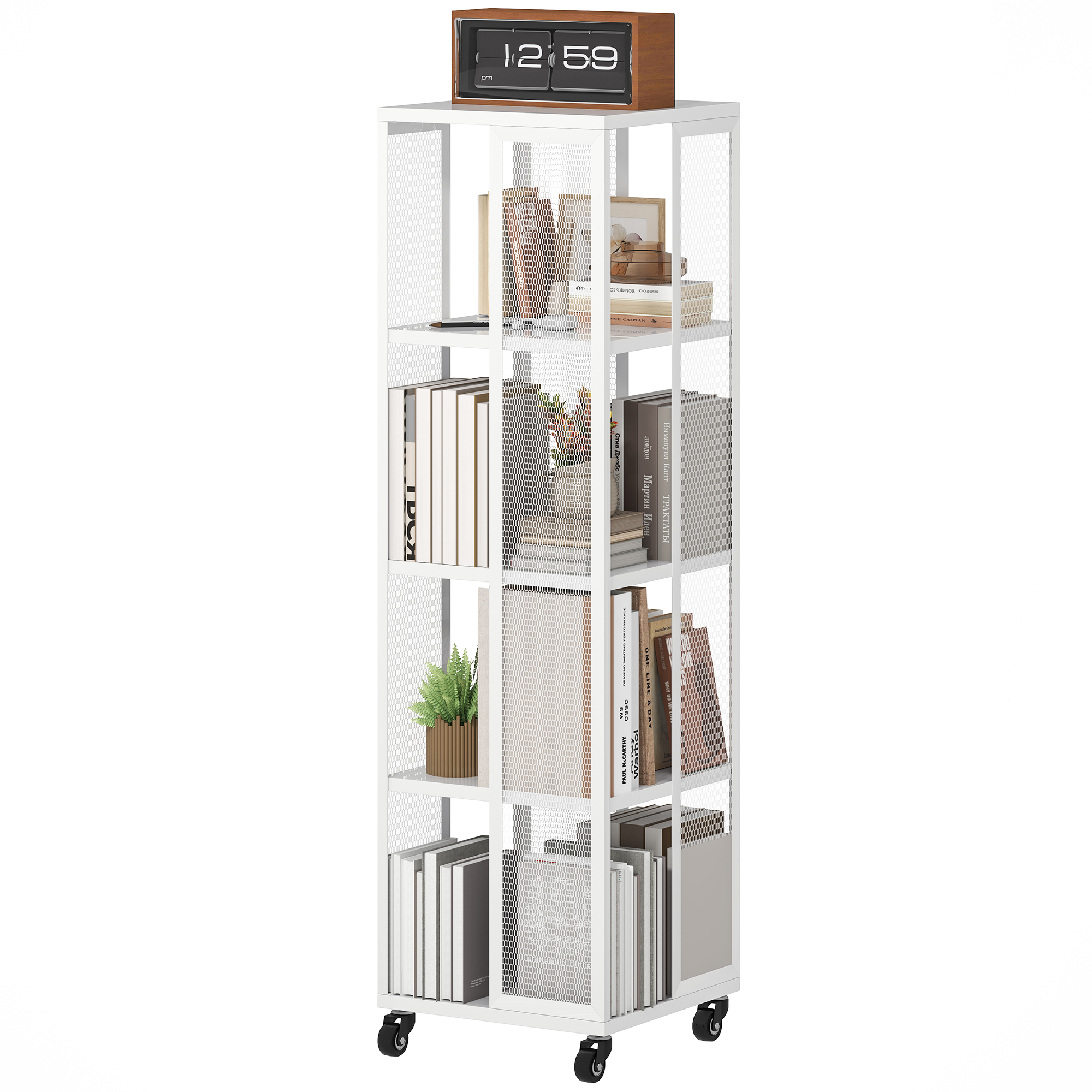 HOMCOM Moderne 4-Ebenen Metallregal mit Drahtgitter und Rollen, 35x35x129 cm, Weiß