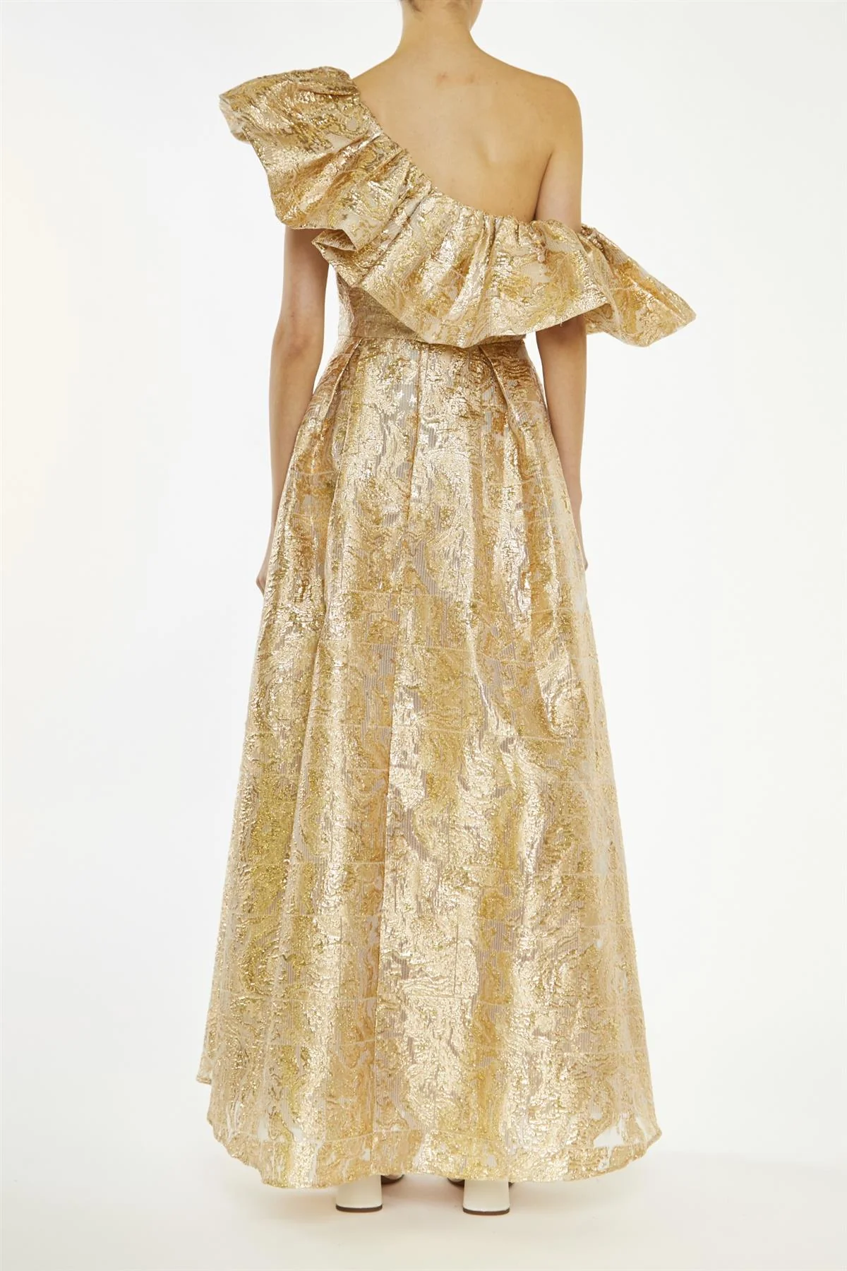 Blake Gold Translucent-Jacquard Puff One Shoulder Maxi-Dress