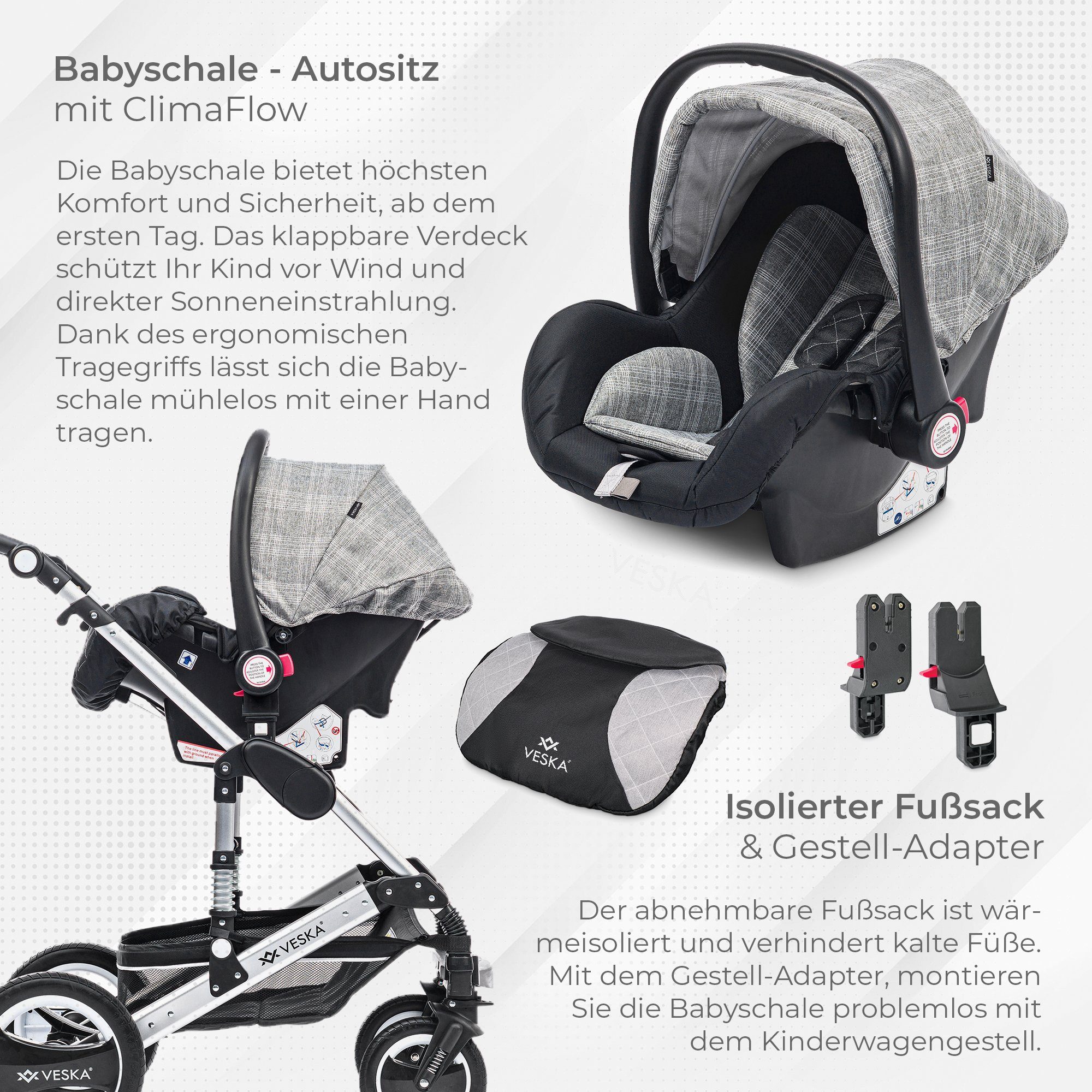 Kombi-Kinderwagen 3in1 inkl. Babyschale, Buggy, Jogger, mit Wickeltasche, Ess&Spieltisch
