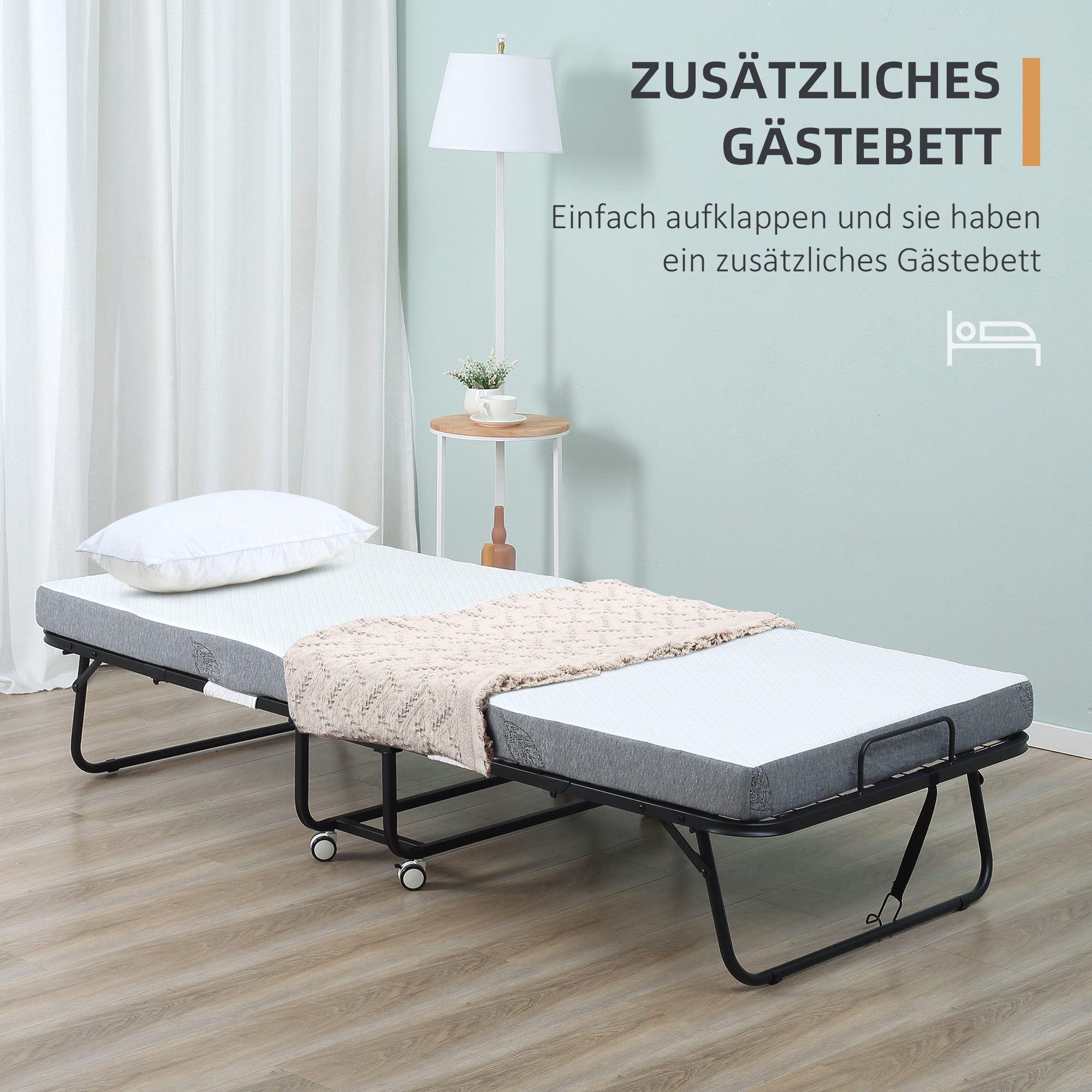 Opklapbaar bed 1 persoons met wielen verstelbaar, tot 150 kg, wit + zwart, 200 x 75 x 42,5 cm | Aosom.nl