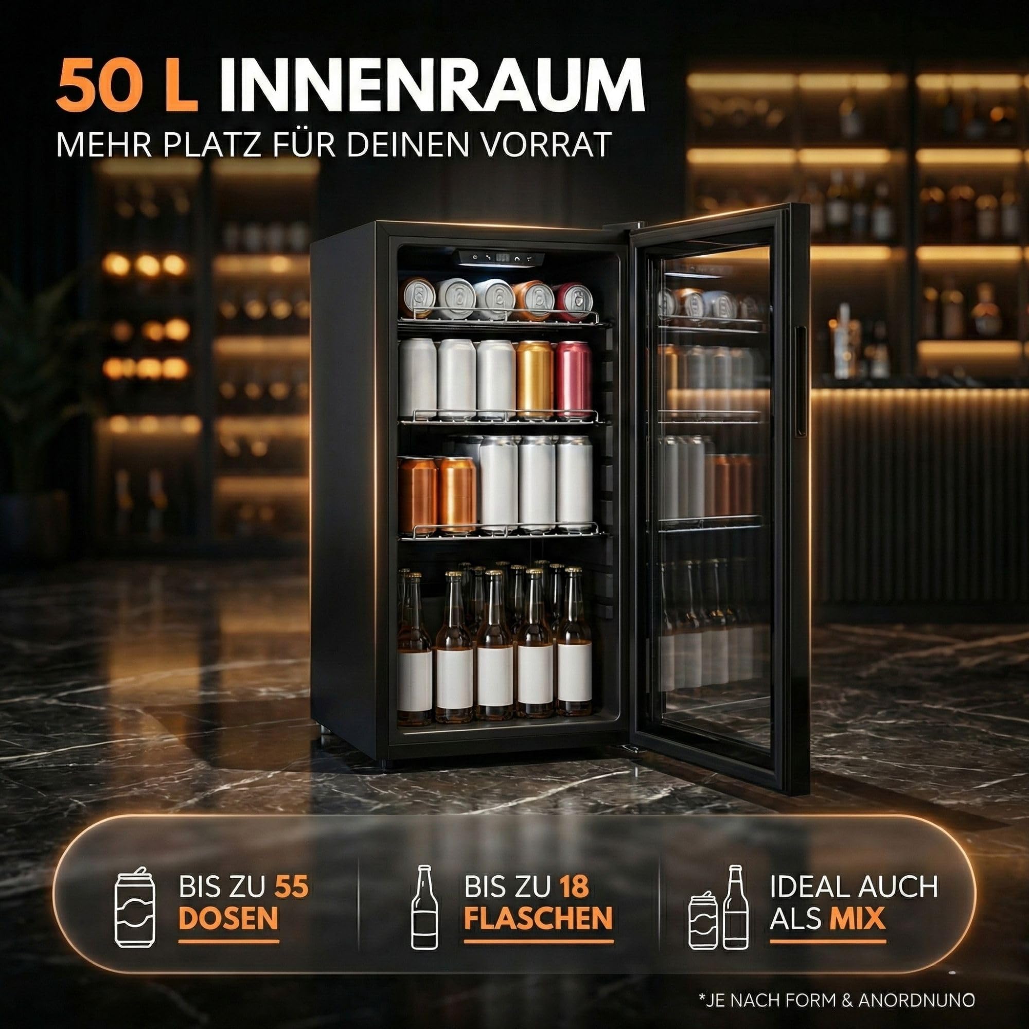 Getränkekühlschrank 50 L mit Glastür, Touchsteuerung, LED-Beleuchtung und Schloss, freistehend, 2–10 °C