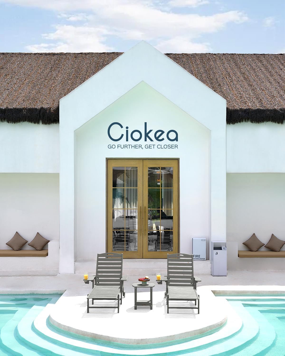 Ciokea Lounge Chair Outdoor  Oversized Chaise Lounge Chair with 5 Positions  HDPE  Patio Lounge Chair with Wheels & Cup Holder for Pool  Deck  Poolside  Grey