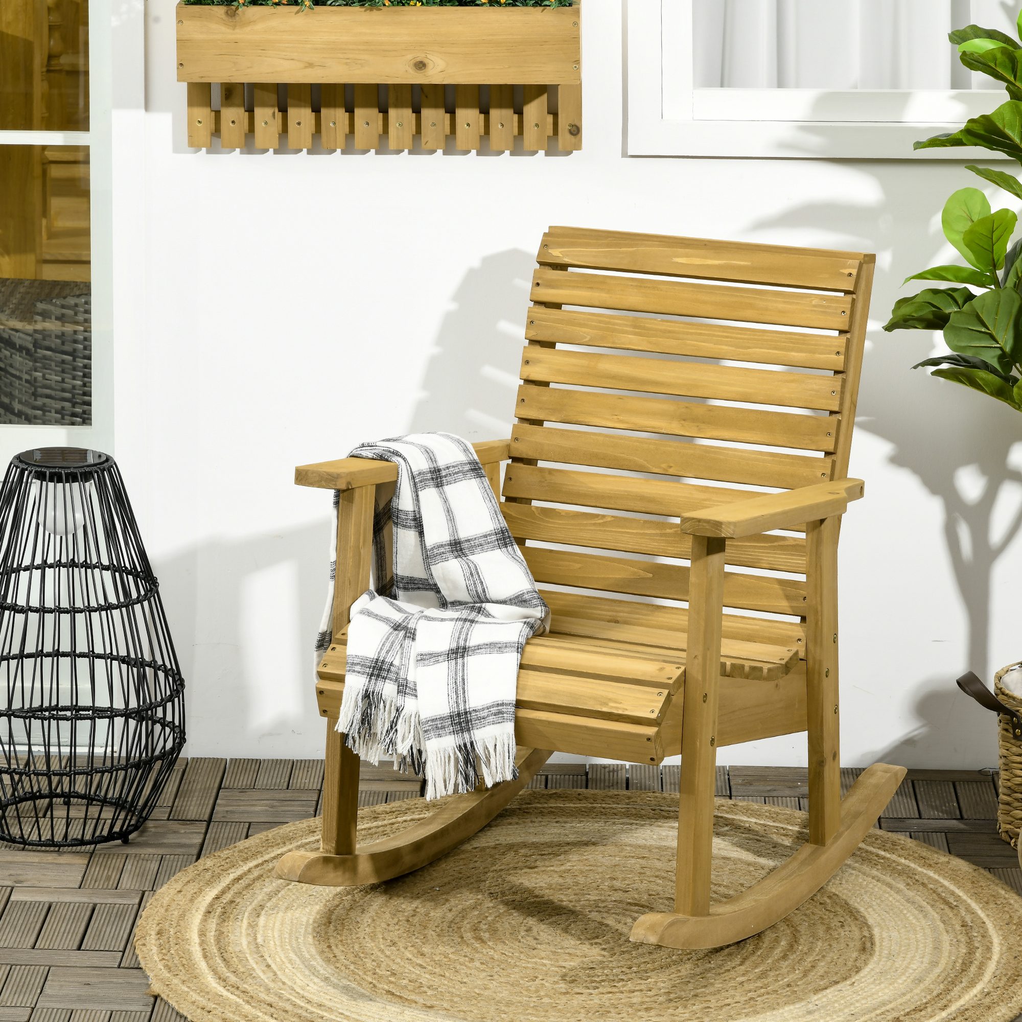 Outsunny Gartenstuhl, Schaukelfunktion, breiter Sitz und Rücklehne, Naturholz, 64 x 86 x 85 cm