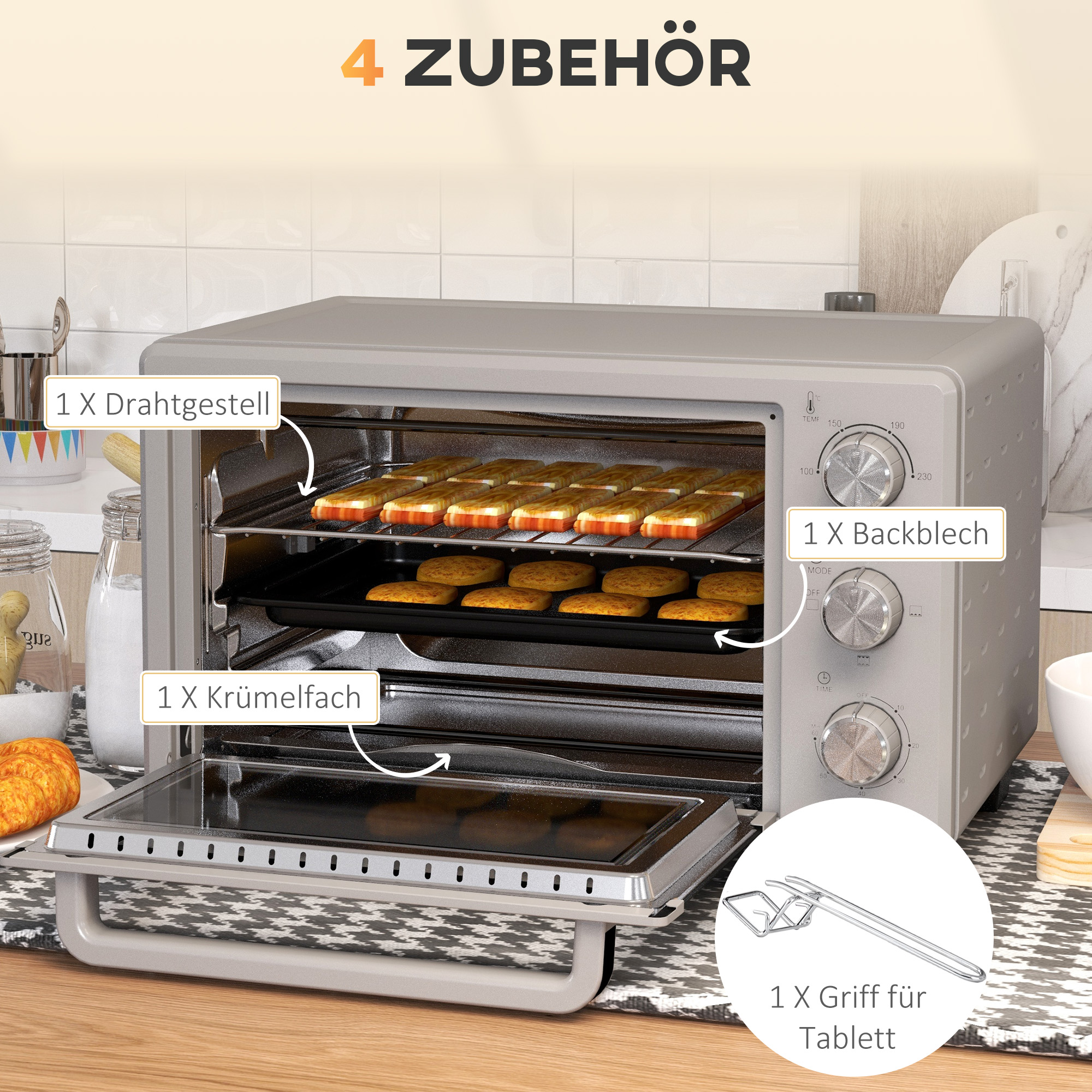 HOMCOM Minioven, 21L, 3 Kookmodi, 100°C-230°C, Rost & Plaat, Roestvrijstaal/Glas, Zilver