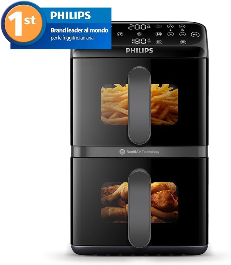 Philips Airfryer Serie 4000, Friggitrice ad Aria Doppio cestello Verticale da 10L, Tecnologia RapidAir, Funzione Sync, Rivestimento in ceramica no PFAS, Finestre, 45% più piccola (NA460/00)