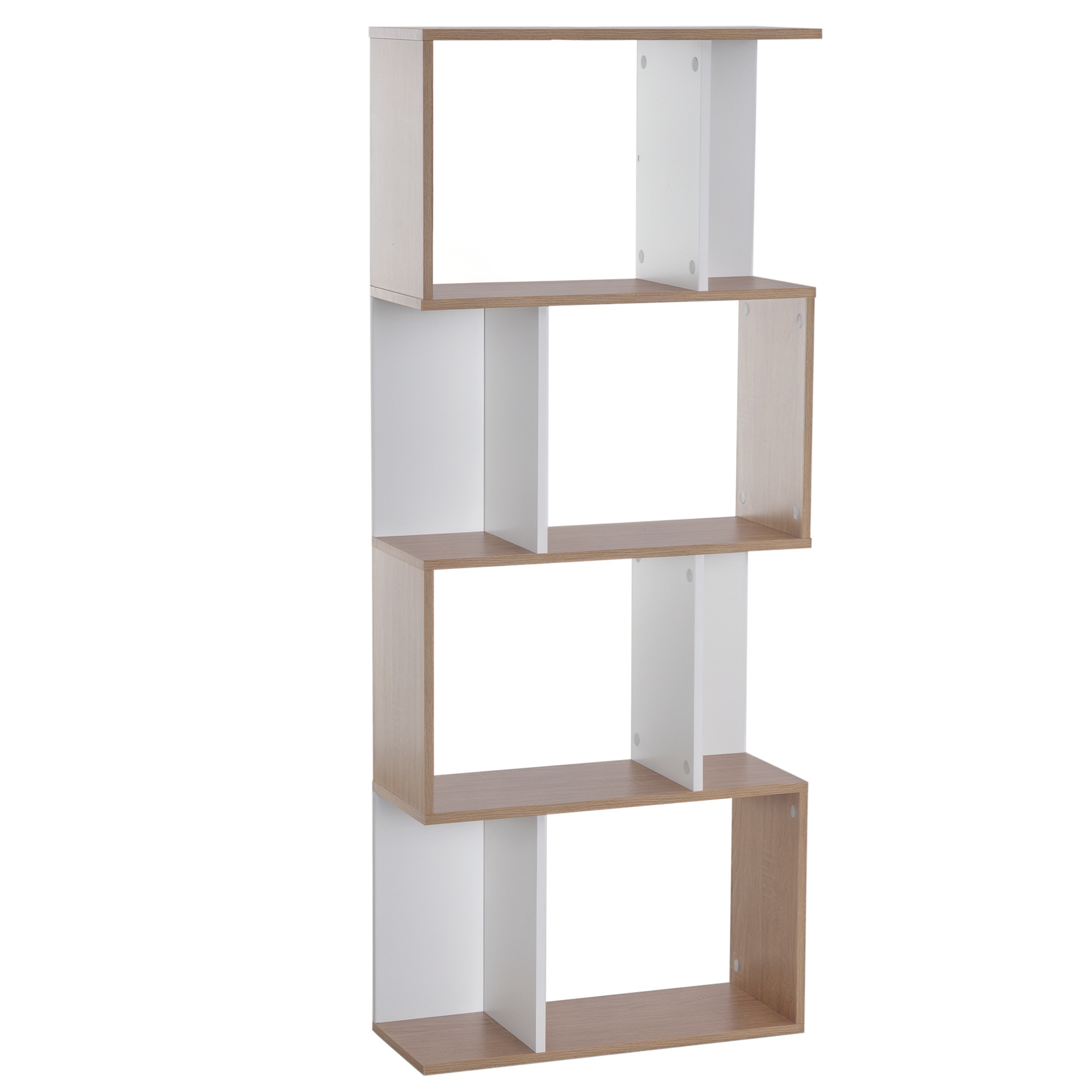 HOMCOM  Bücherregal S-förmiges Standregal Lagerregal 4-stufige Vitrine mit Hardware-Schnalle moderner Raumteiler Spanplatte Naturholz+Weiß 60 x 24 x 148 cm