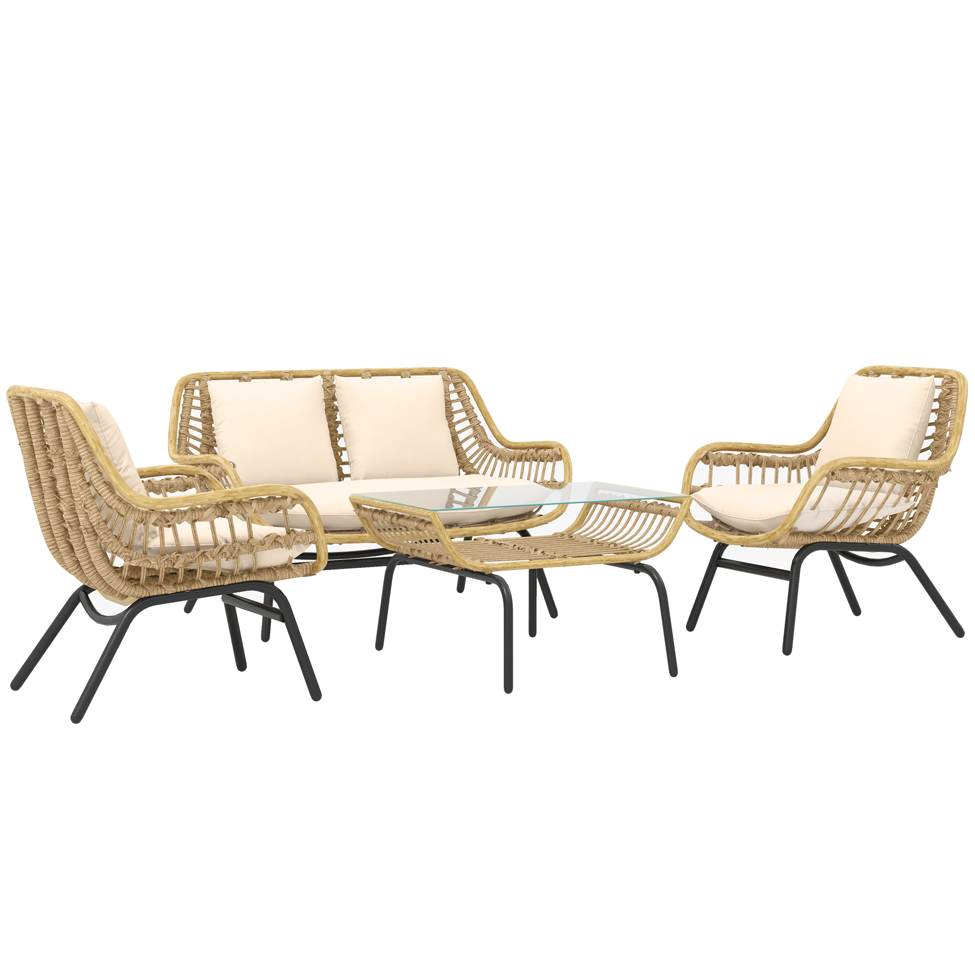 Outsunny Sitzgruppe, Outdoor Sitzgarnitur, Gartenmöbel Set mit Beistelltisch, Metall, Rattan, Beige, 118 x 69 x 73 cm