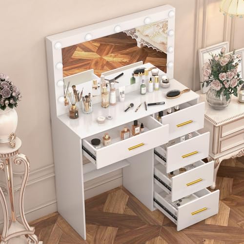 Teousev Toilette Trucco con Specchio, Toeletta Trucco con Luci, Postazione Trucco con 5 Cassetti, Tavolo Trucco per La Camera Da Letto, 80X36X131cm, Bianco, JR27 : Amazon.it: Casa e cucina