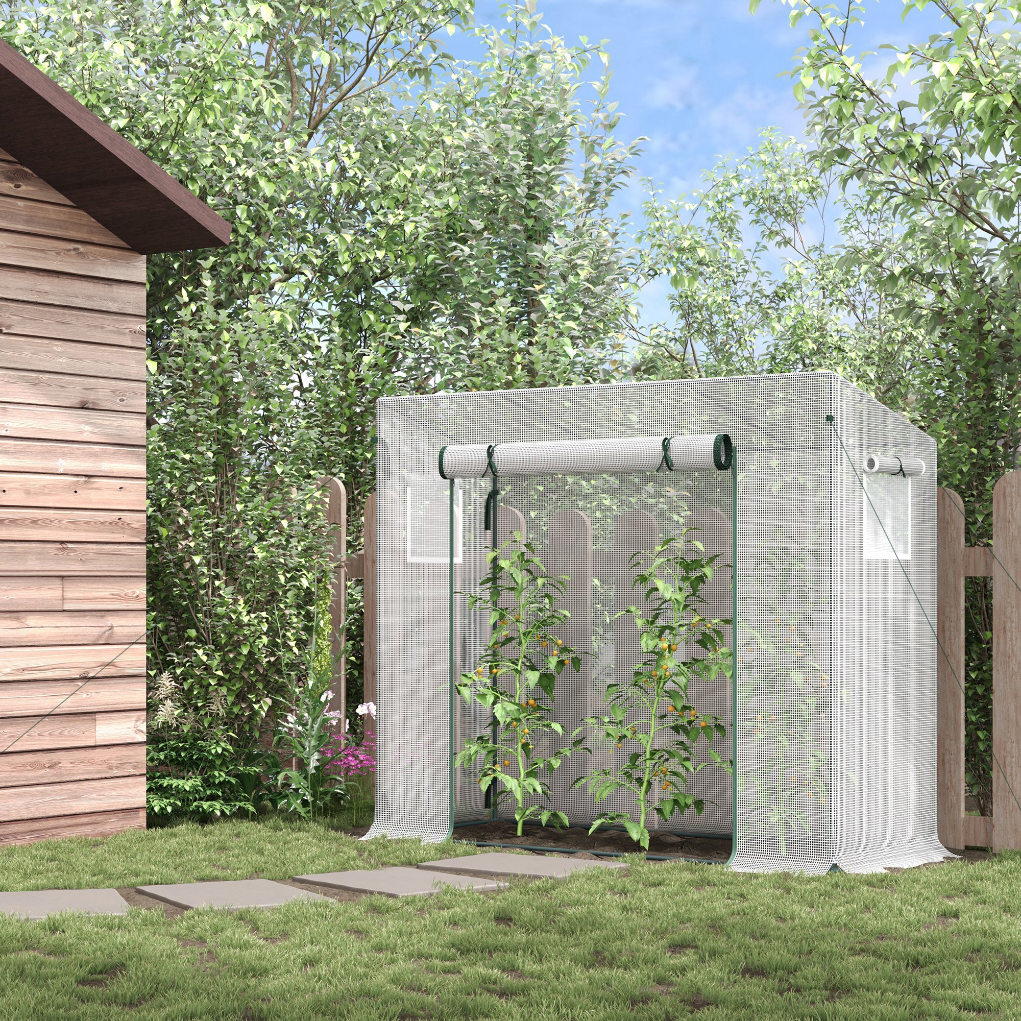 Outsunny Gewächshaus mit Seitenfenster, aufrollbare Tür, winddicht, Stahlrahmen, Kunststoffplane, weiß, 200 x 76 x 168 cm